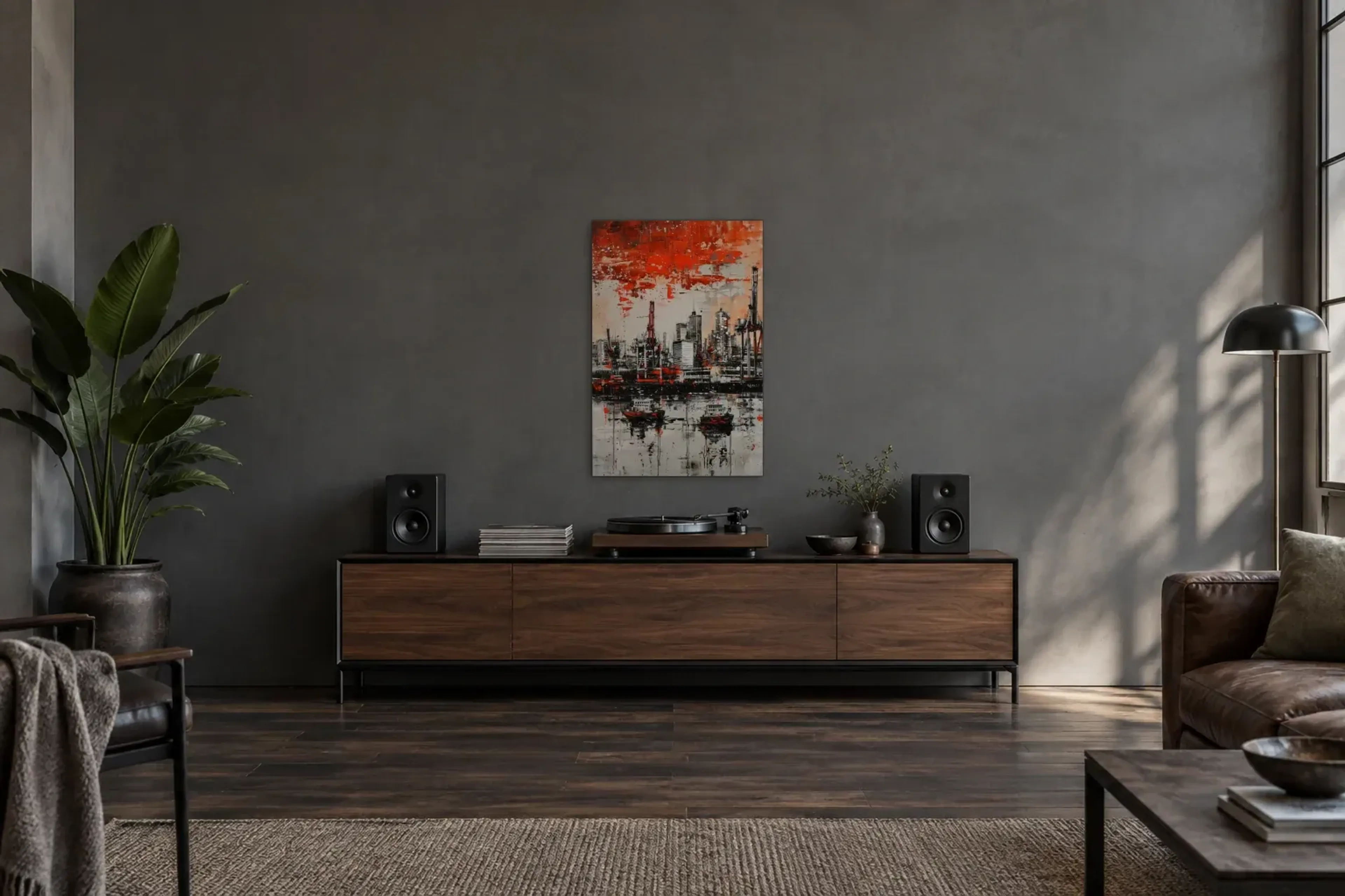 Schlepper vor der Hafenkulisse als Wandbild über einem 200-cm-Sideboard
