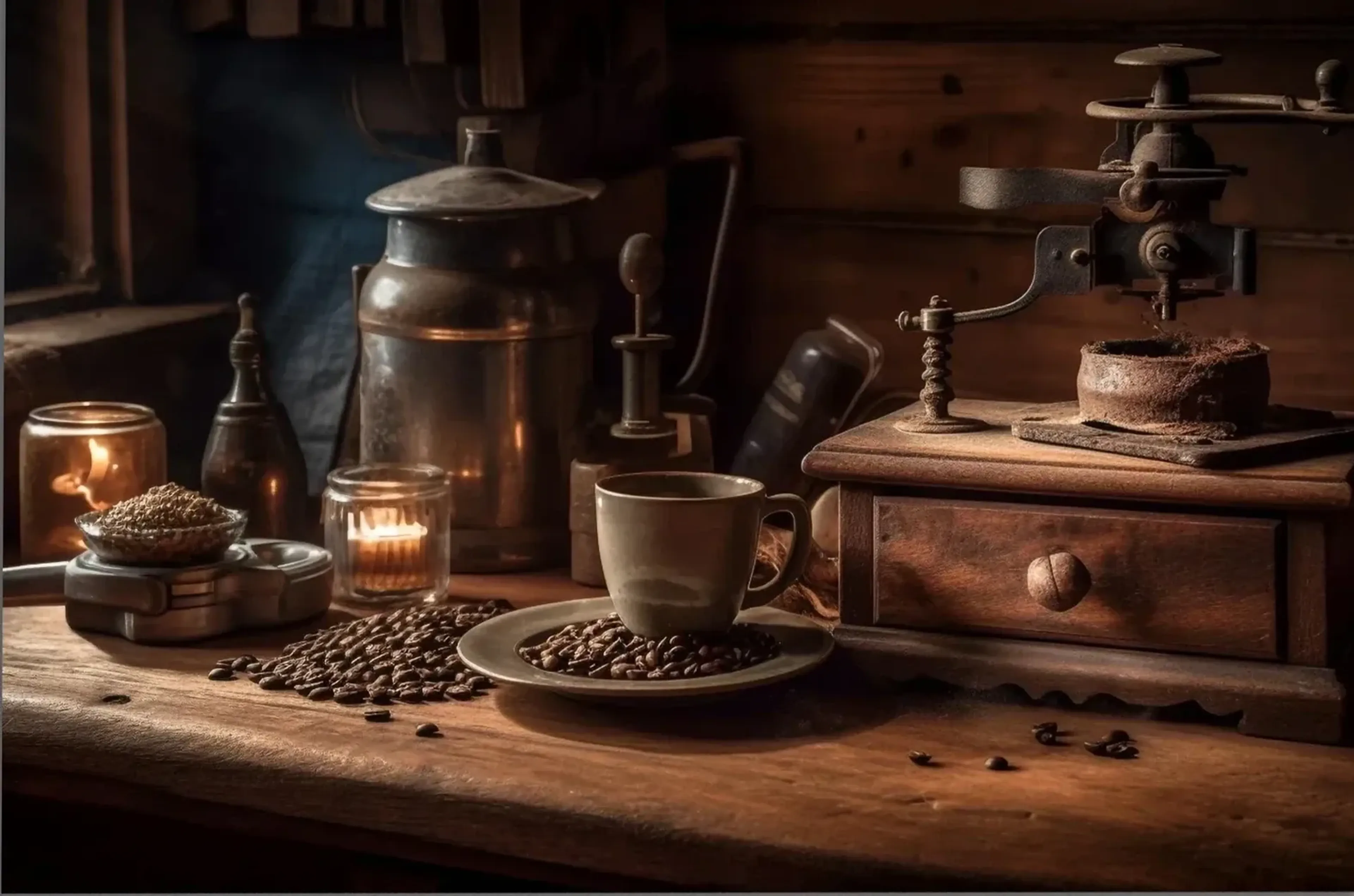 Alte Kaffeemühle, Metallkanne, Tasse, Kaffeebohnen und brennende Kerzen auf einem dunklen Holztisch.