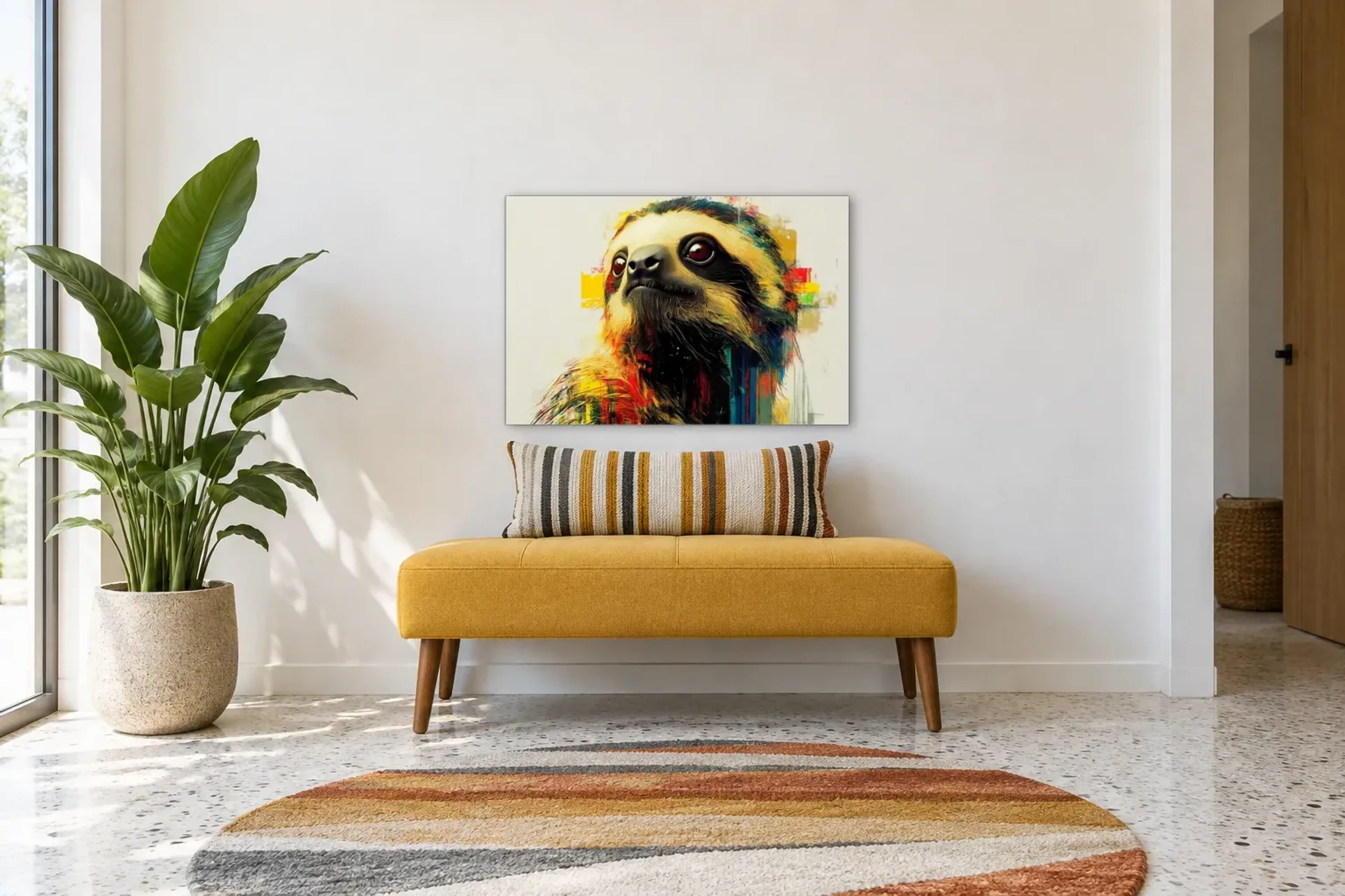 Faultier mit weitem Blick als Wandbild über einer 120-cm-Bank