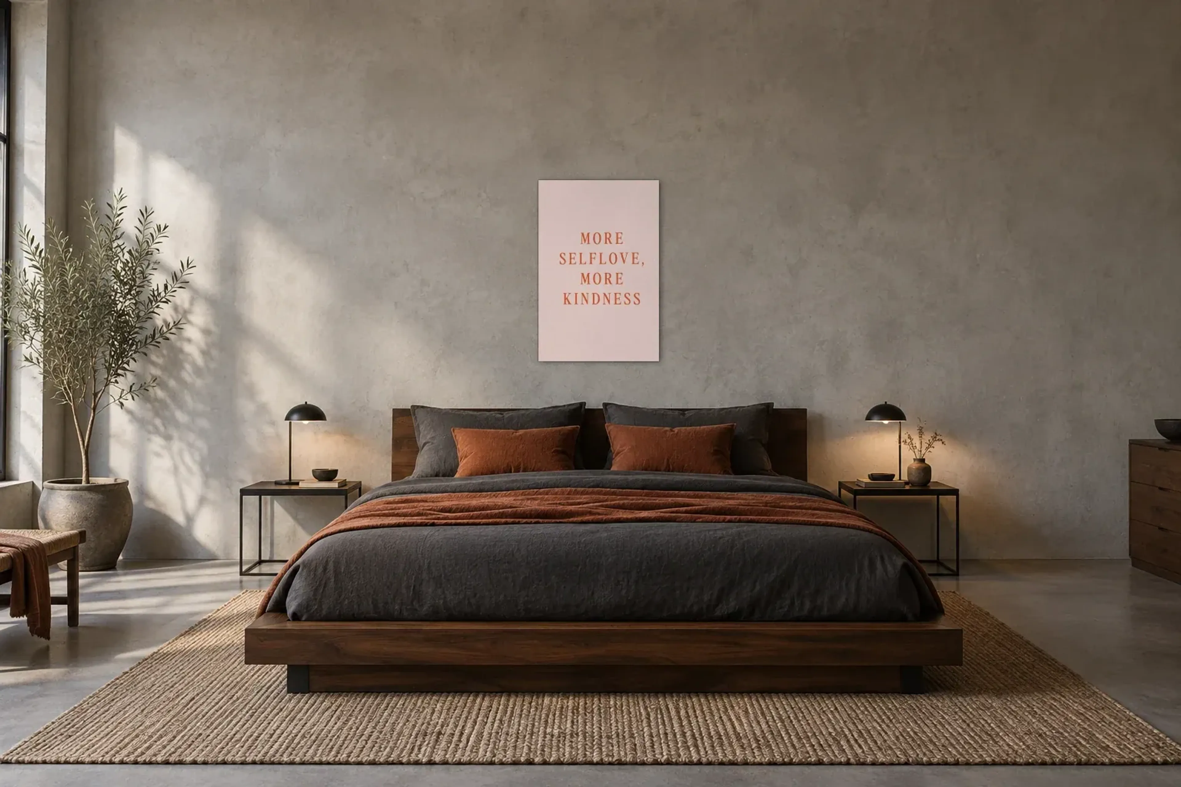 Selflove als Wandbild über einem 180-cm-Bett