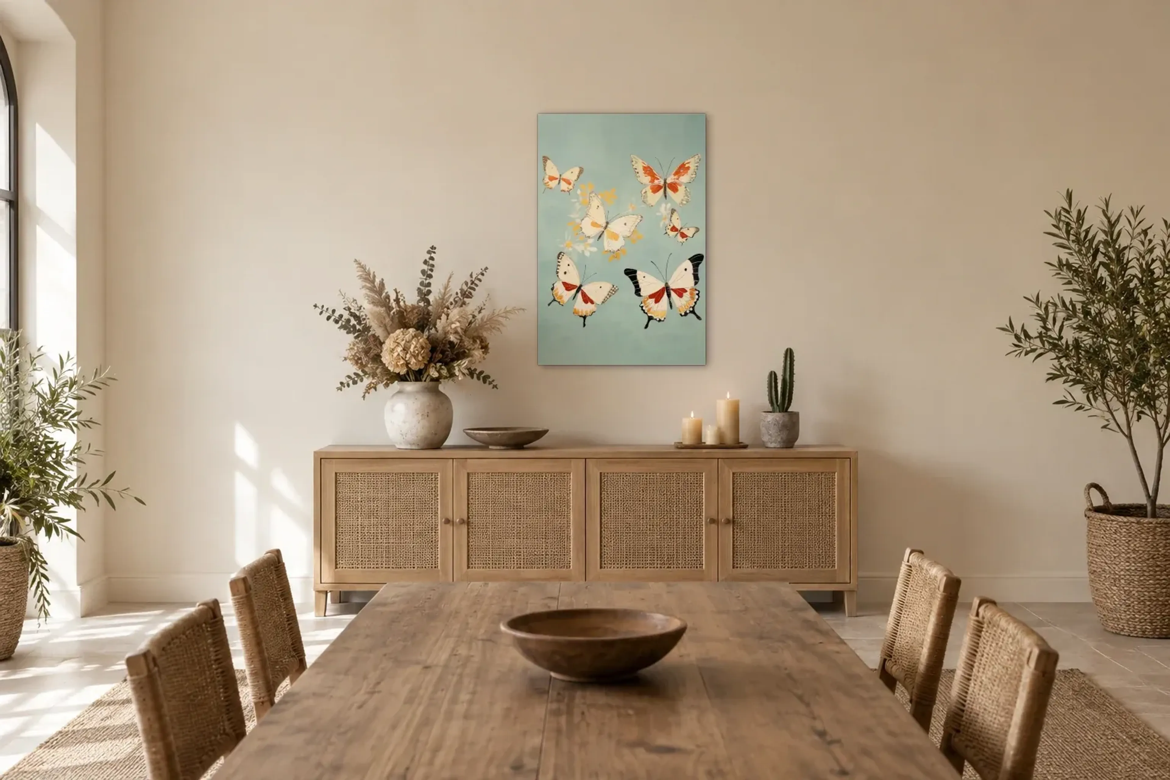 Schmetterlinge auf Salbeigrün als Wandbild über einem 160-cm-Sideboard