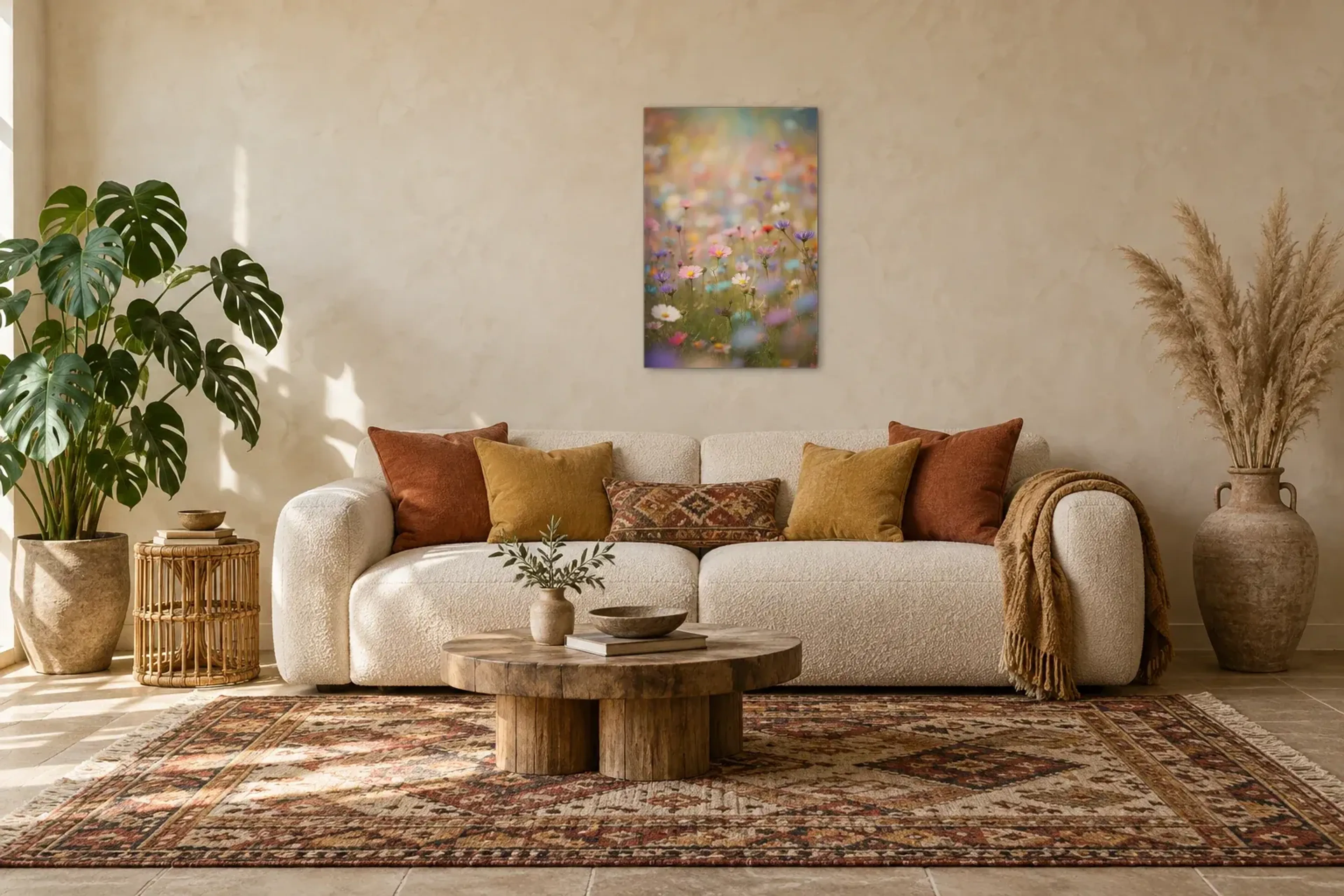 Blumenwiese in Pastelltönen als Wandbild über einem 220-cm-Sofa