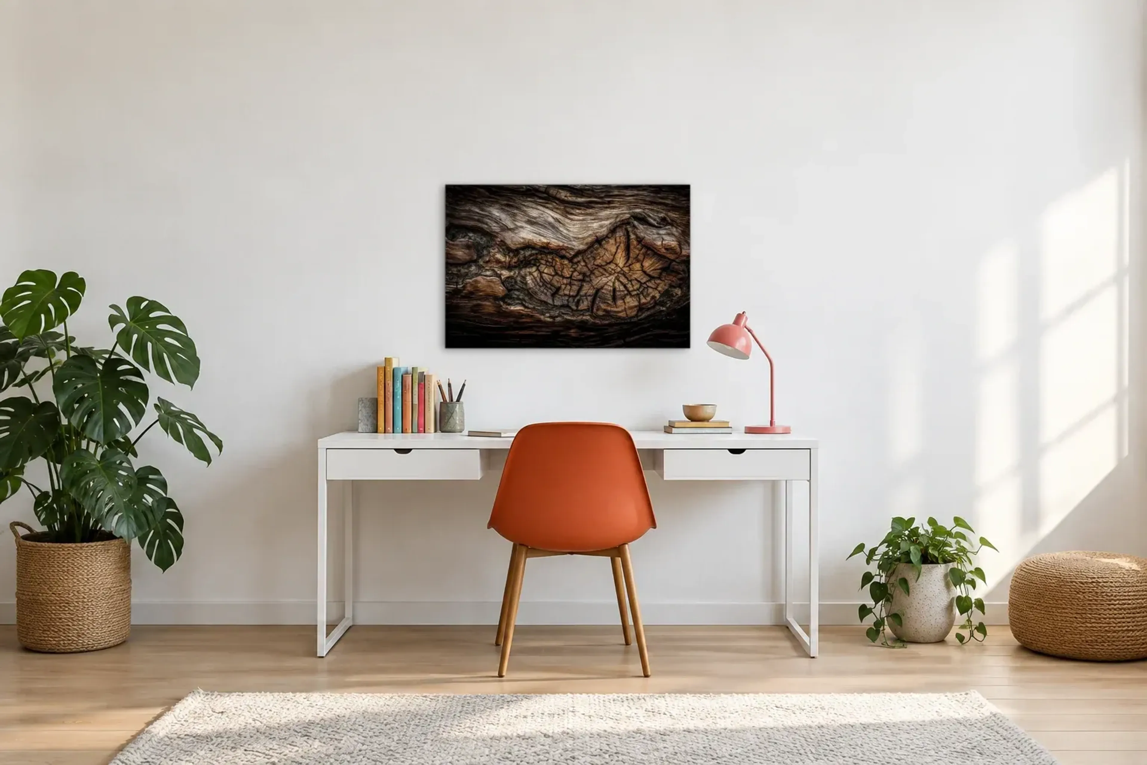 Maserung und Risse als Wandbild über einem 140-cm-Schreibtisch