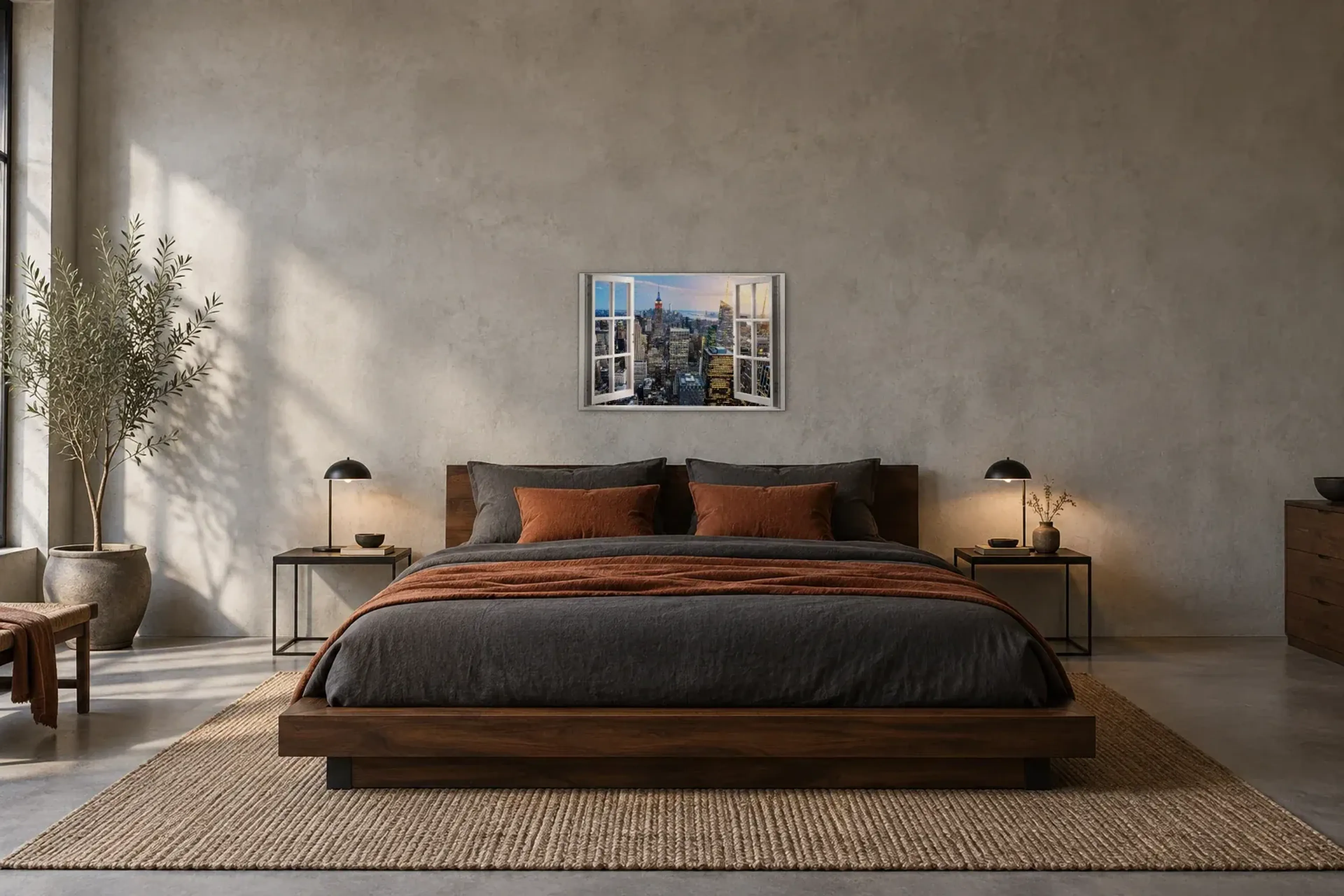 New York zur Dämmerung als Wandbild über einem 180-cm-Bett