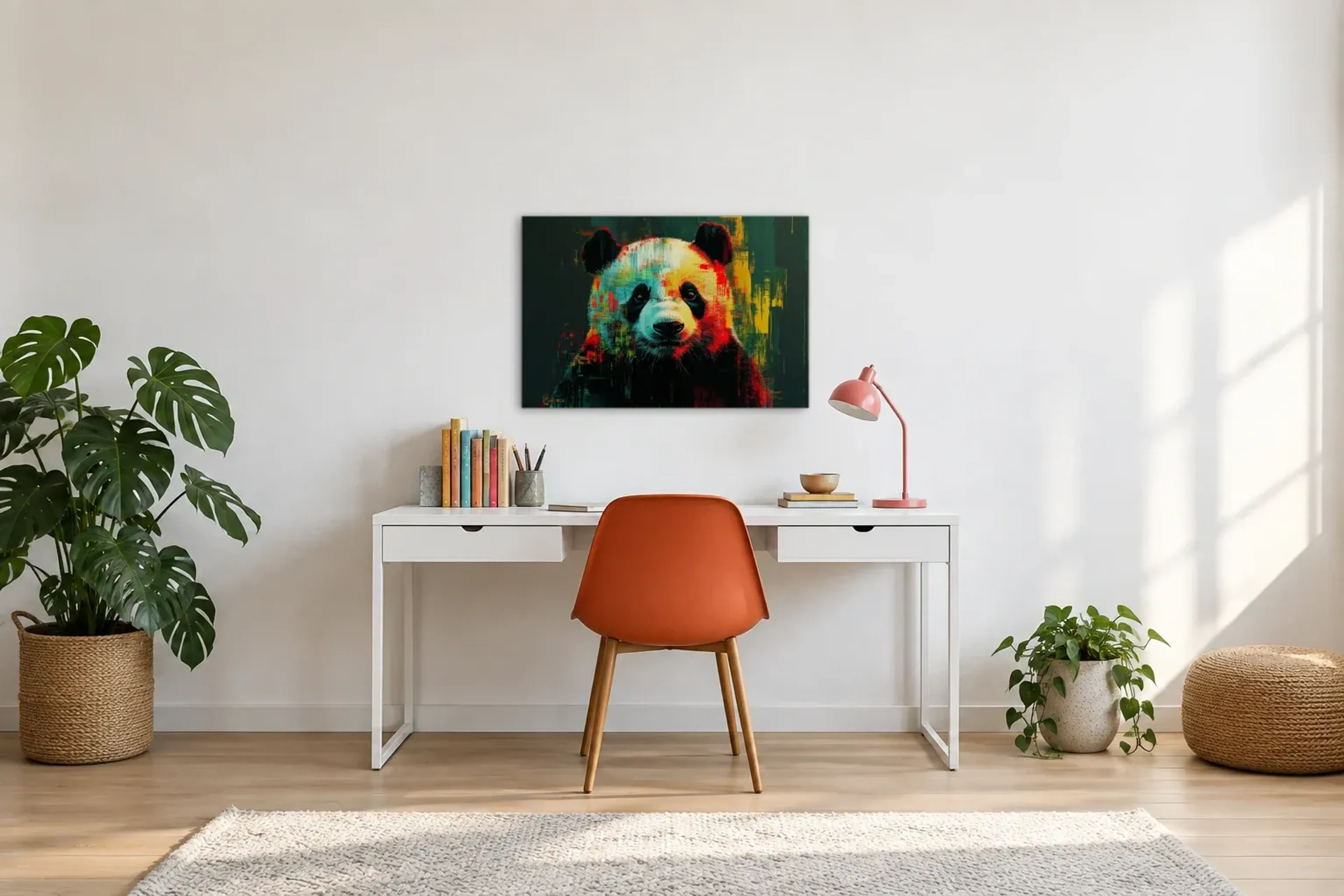 Panda als Wandbild über einem 140-cm-Schreibtisch