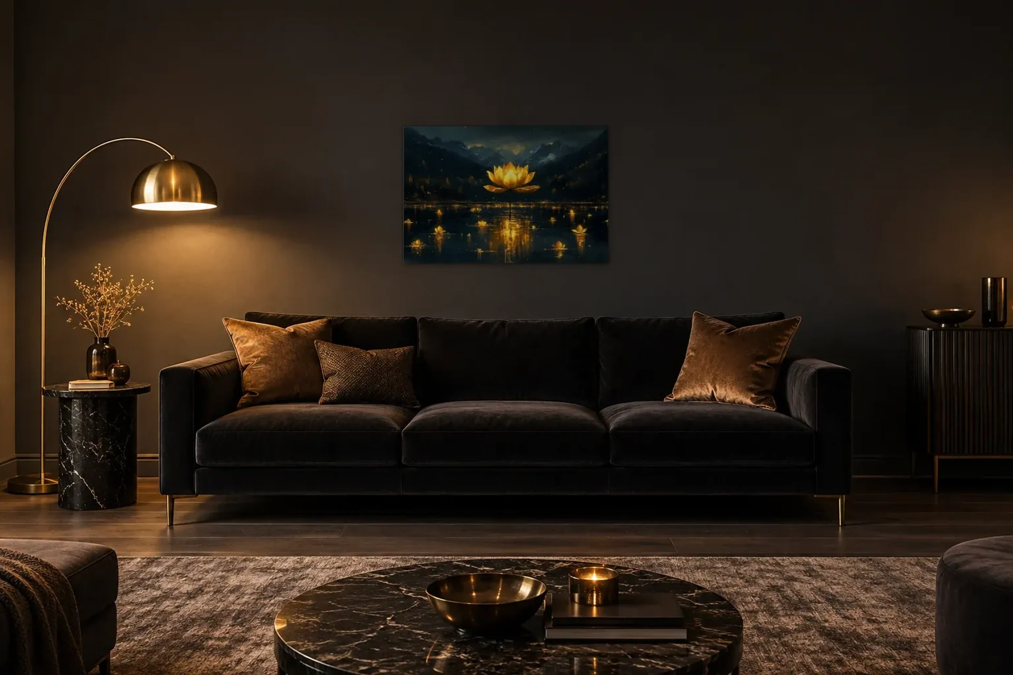 Lotusglanz als Wandbild über einem 220-cm-Sofa