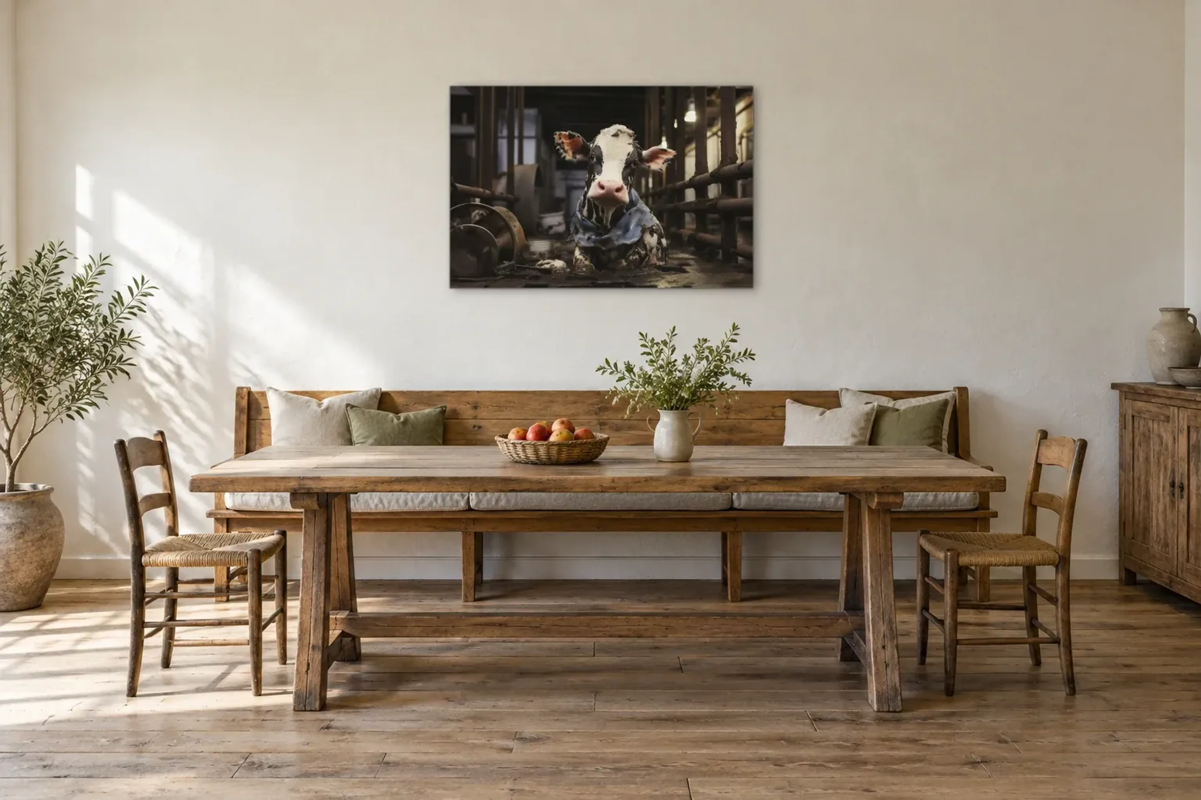 Kalb im Stall liegend als Wandbild über einer 200-cm-Sitzbank
