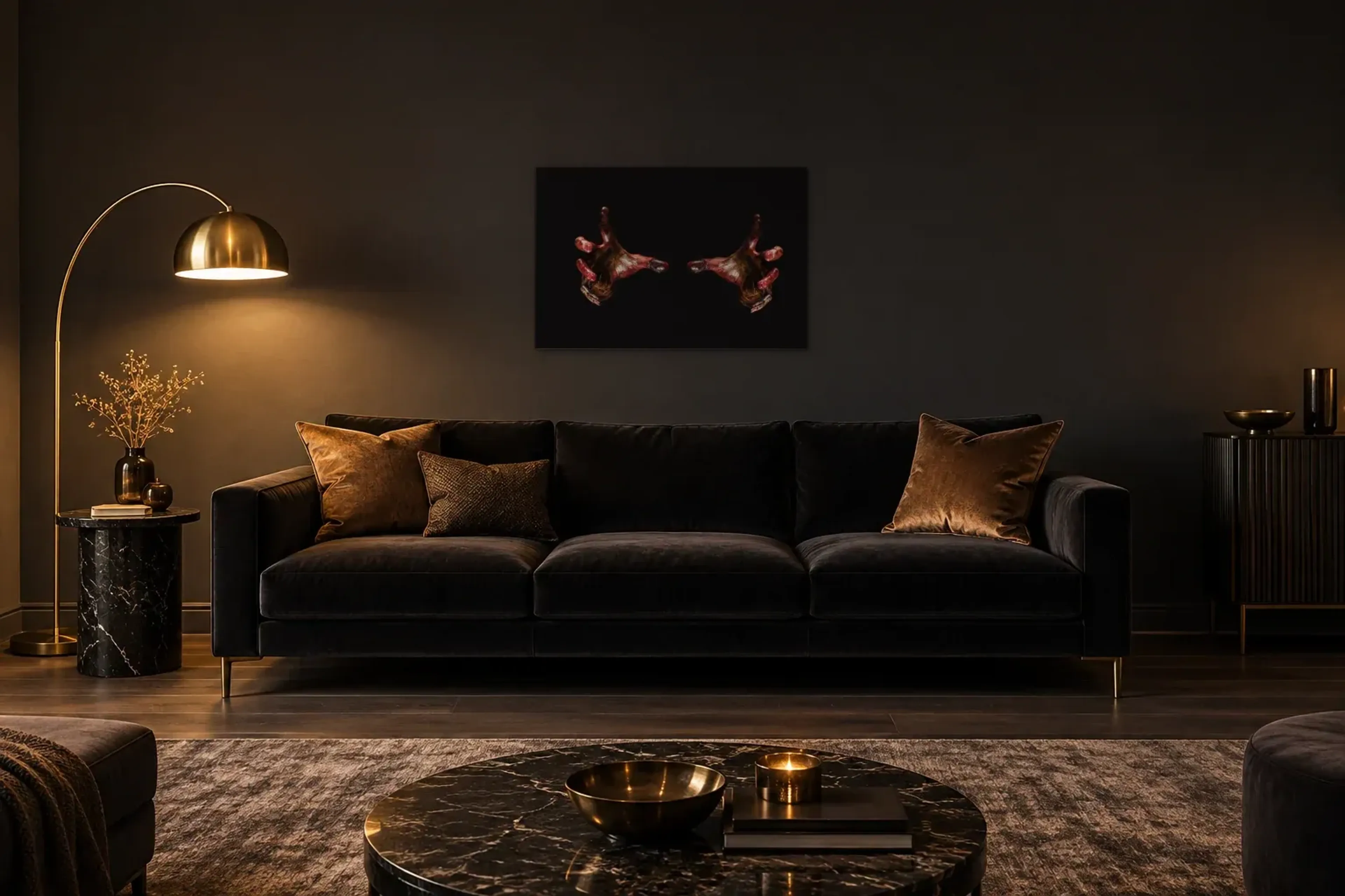 Blutige Hände als Wandbild über einem 220-cm-Sofa