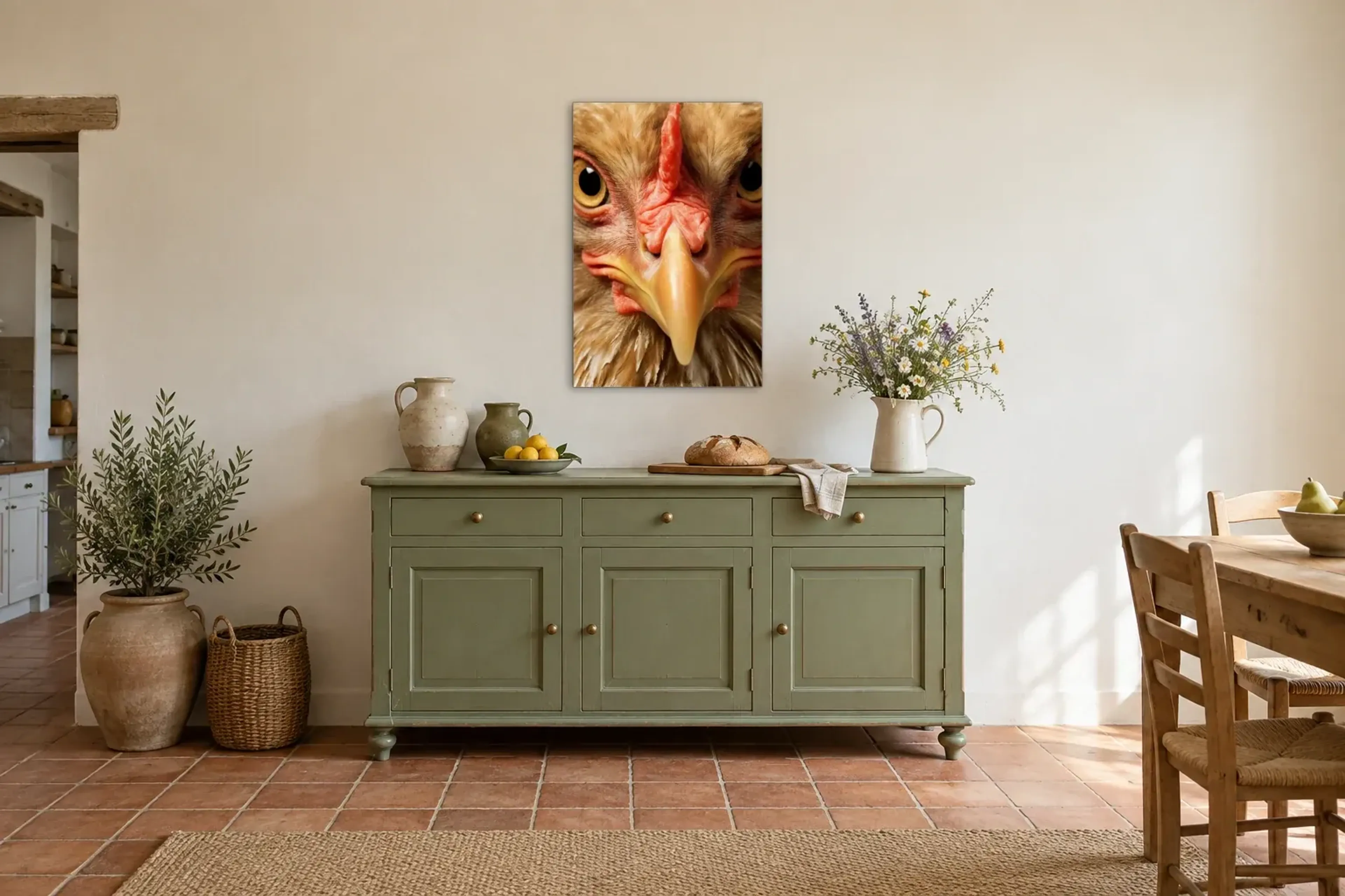 Huhn ganz nah als Wandbild über einer 160-cm-Anrichte