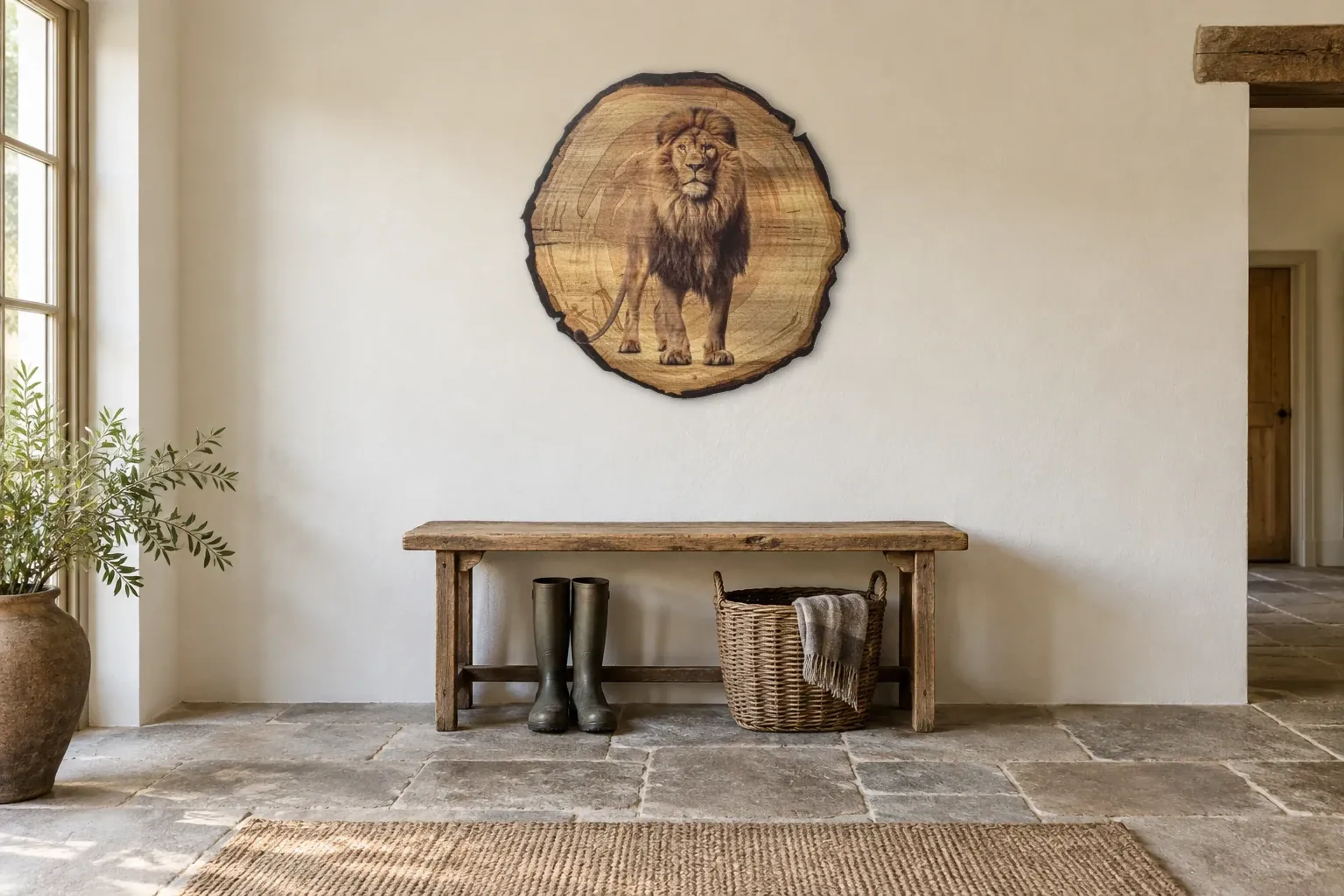 Stehender Löwe als Wandbild über einer 120-cm-Bank