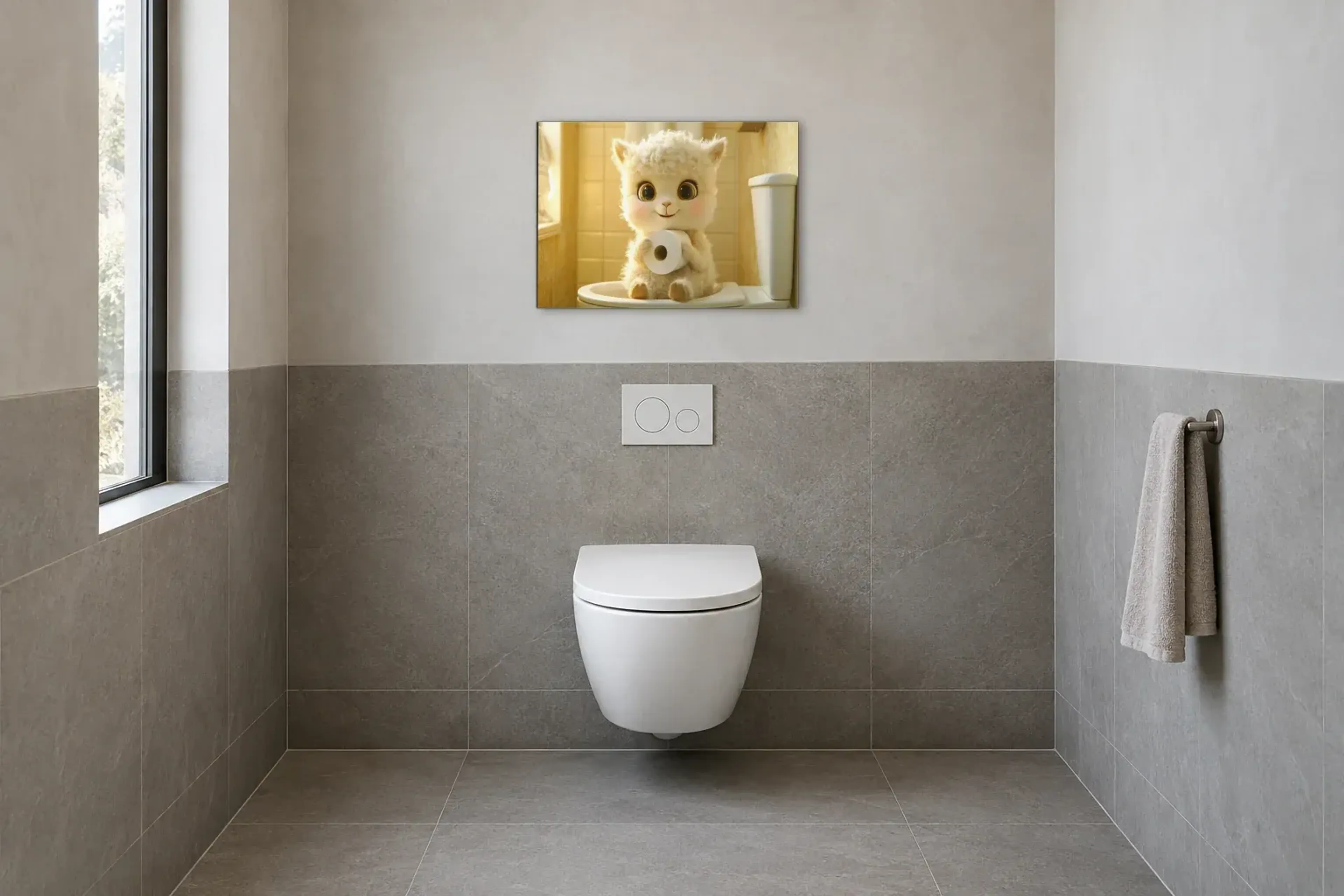 Alpaka im Sonnenlicht als Wandbild im Gäste-WC
