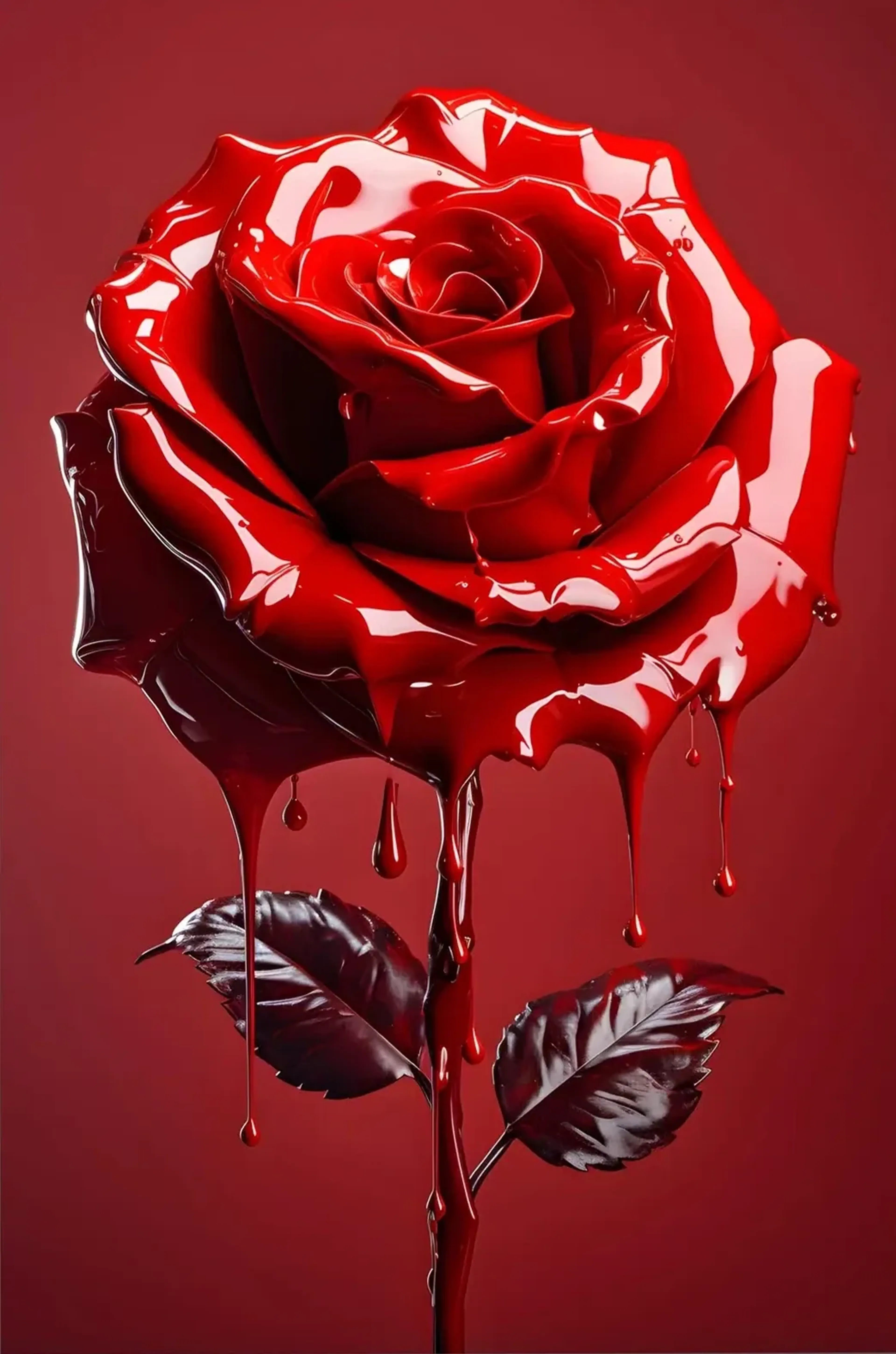 Stark glänzende rote Rose mit langen herabhängenden Tropfen und dunklen Blättern vor rotem Hintergrund.