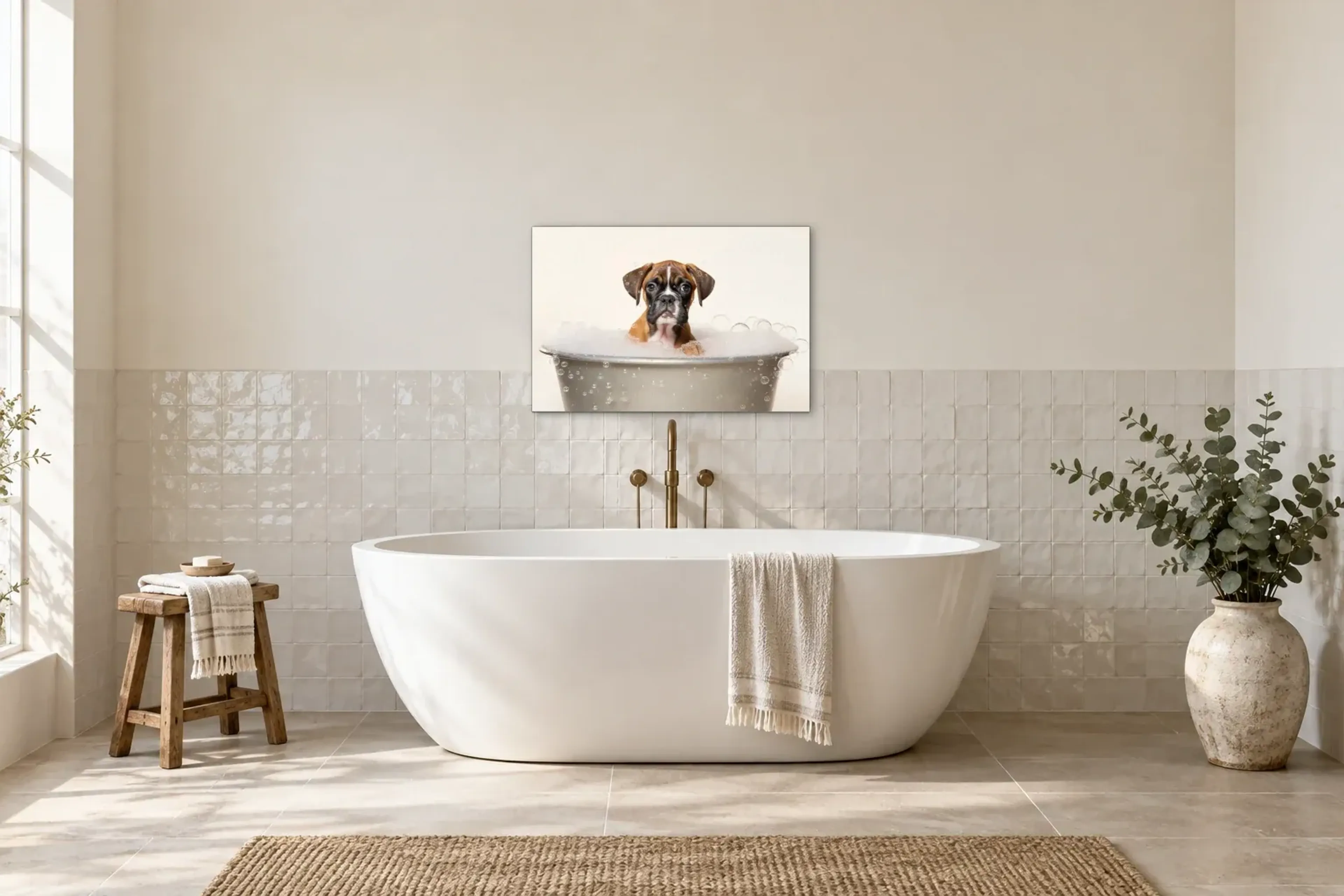Boxer im Schaumbad als Wandbild über einer 170-cm-Badewanne