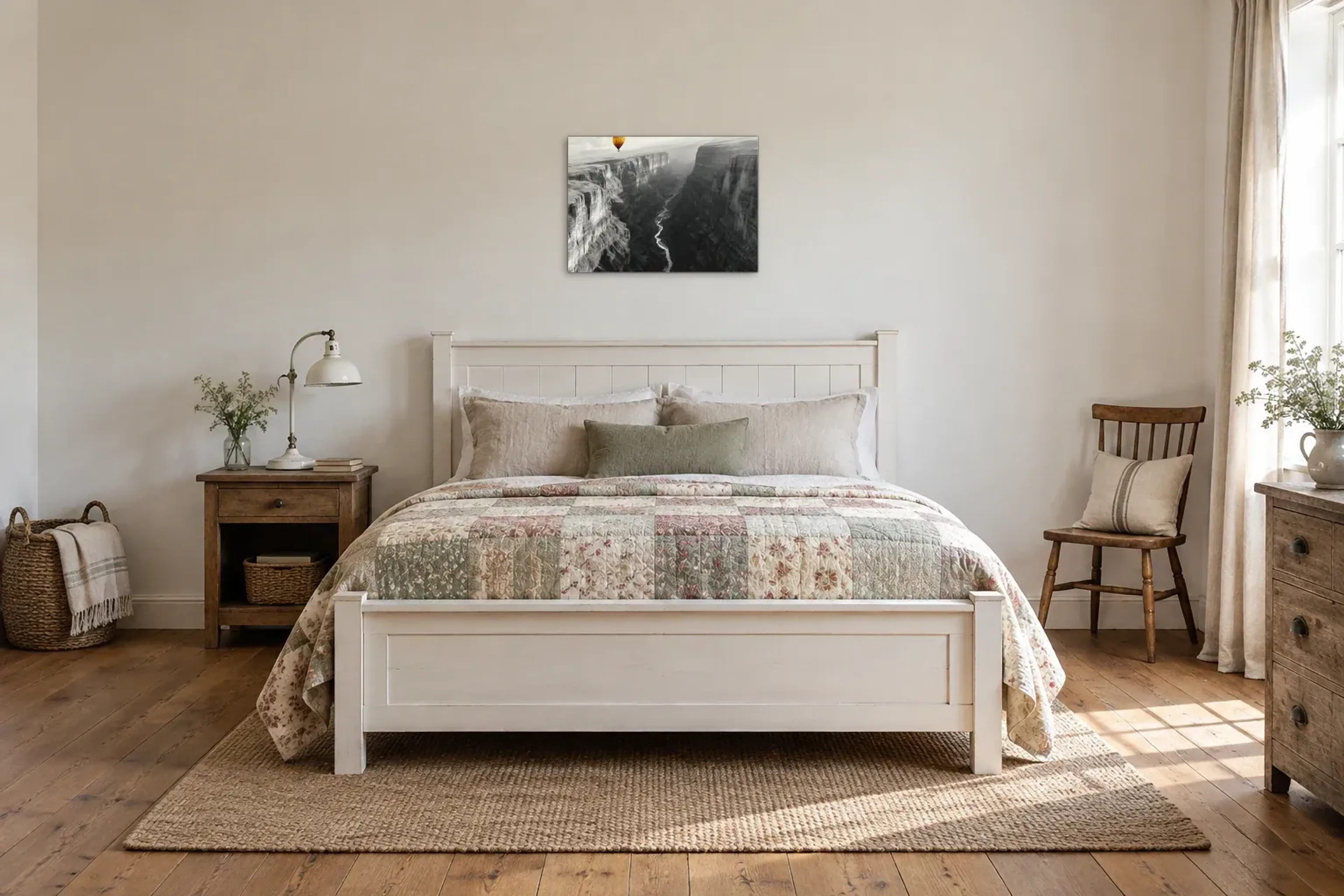 Ballon über dem Canyon als Wandbild über einem 160-cm-Bett