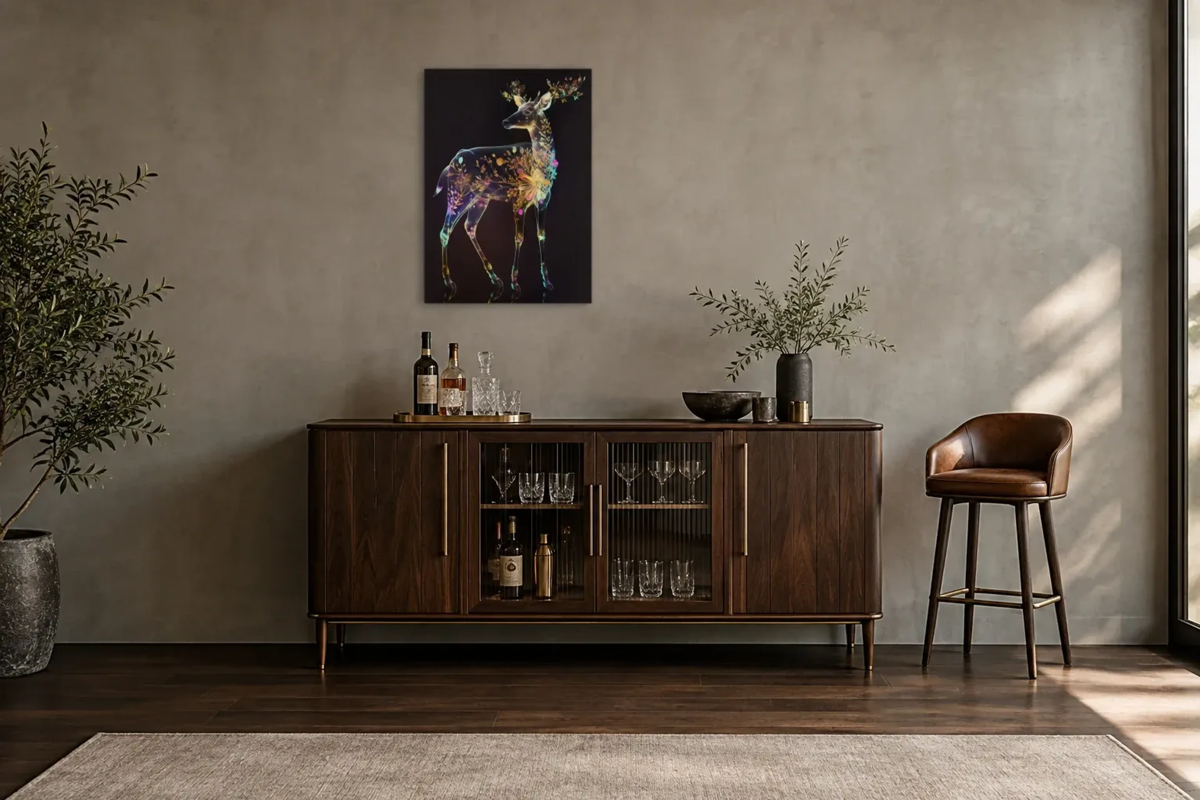 Hirsch mit Blüten als Wandbild über einem 150-cm-Barschrank