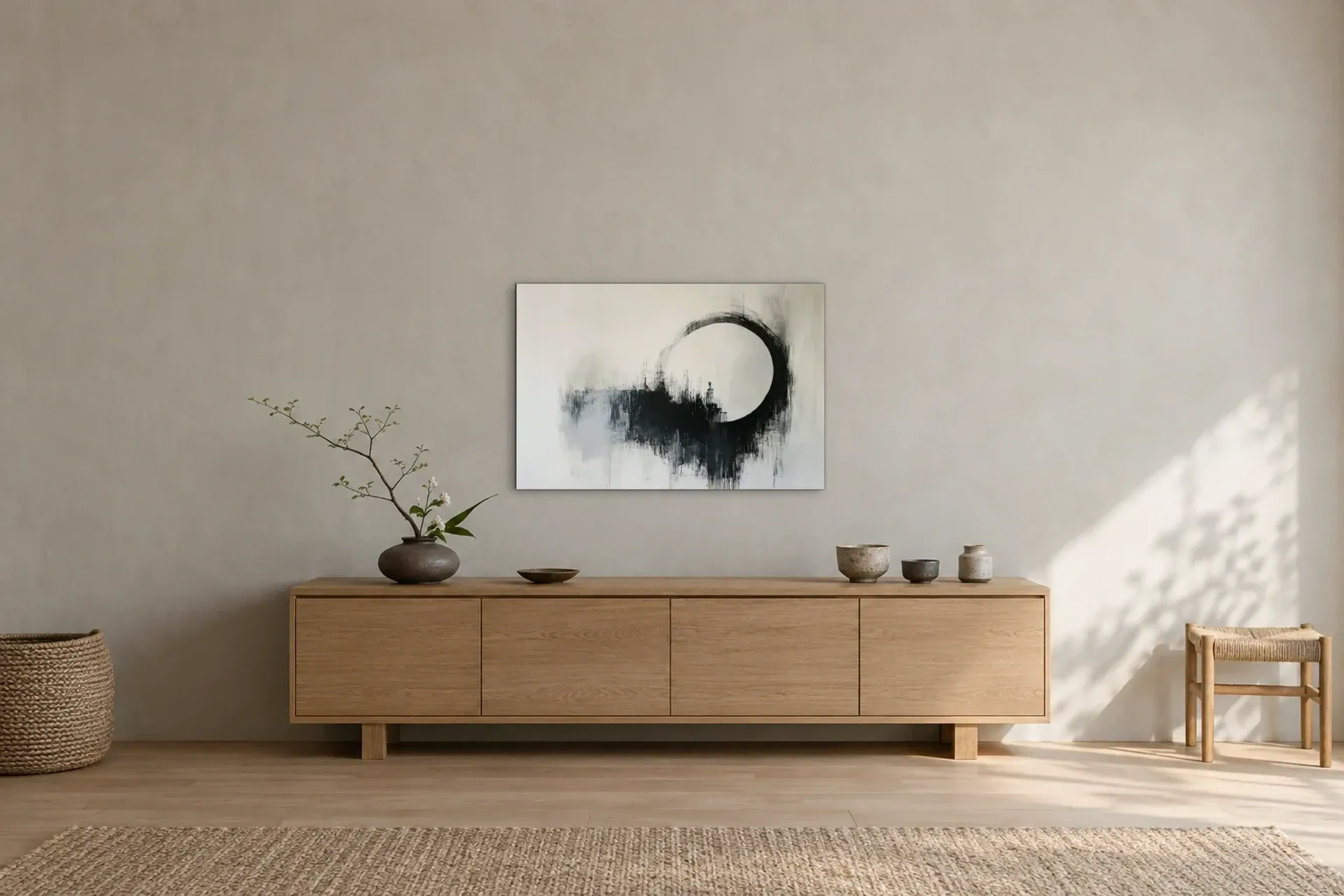 Kreis in Schwarz als Wandbild über einem 180-cm-Sideboard