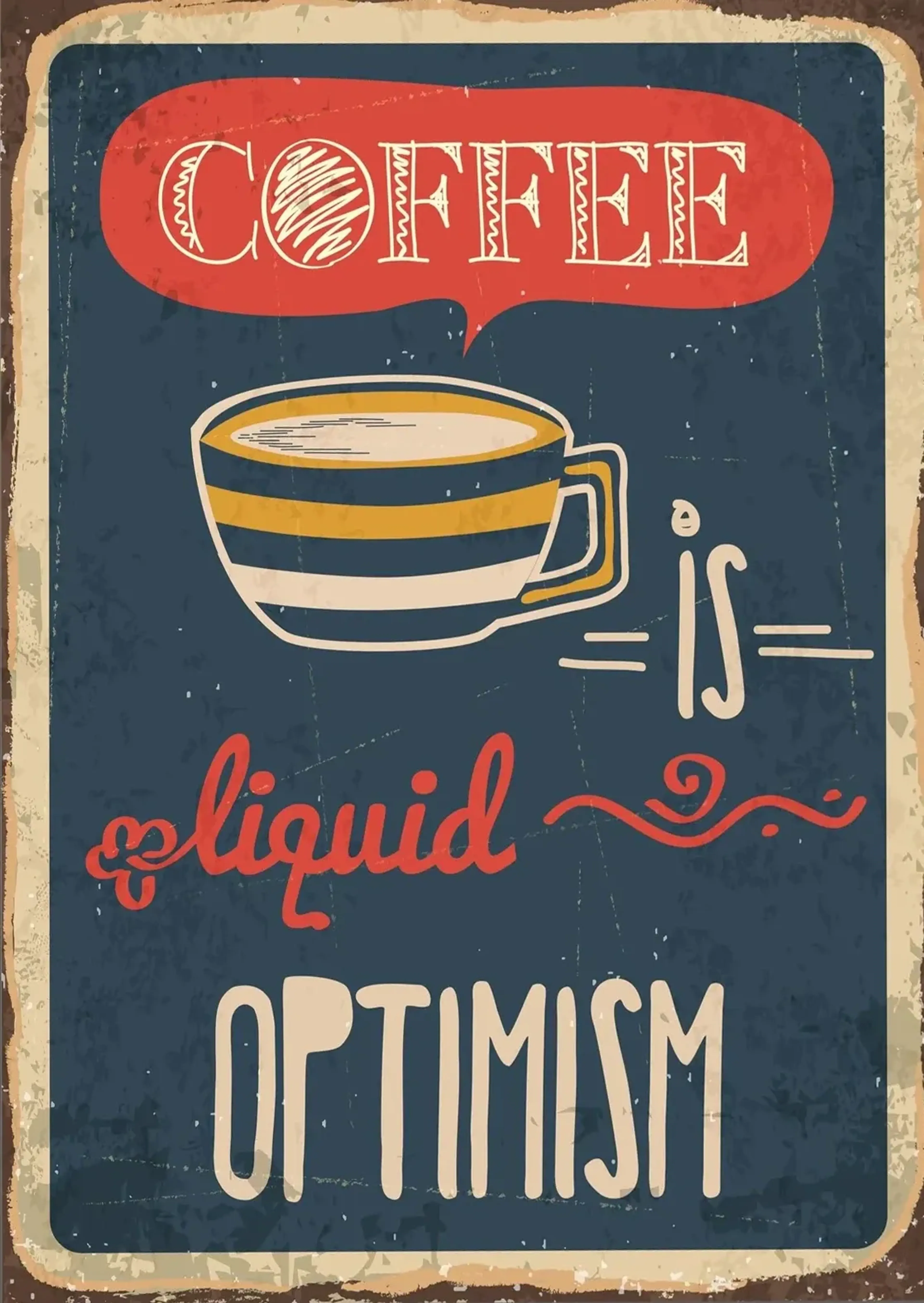 Gestreifte Kaffeetasse und der Spruch Coffee is liquid optimism in Creme und Korallrot auf Blaugrau.