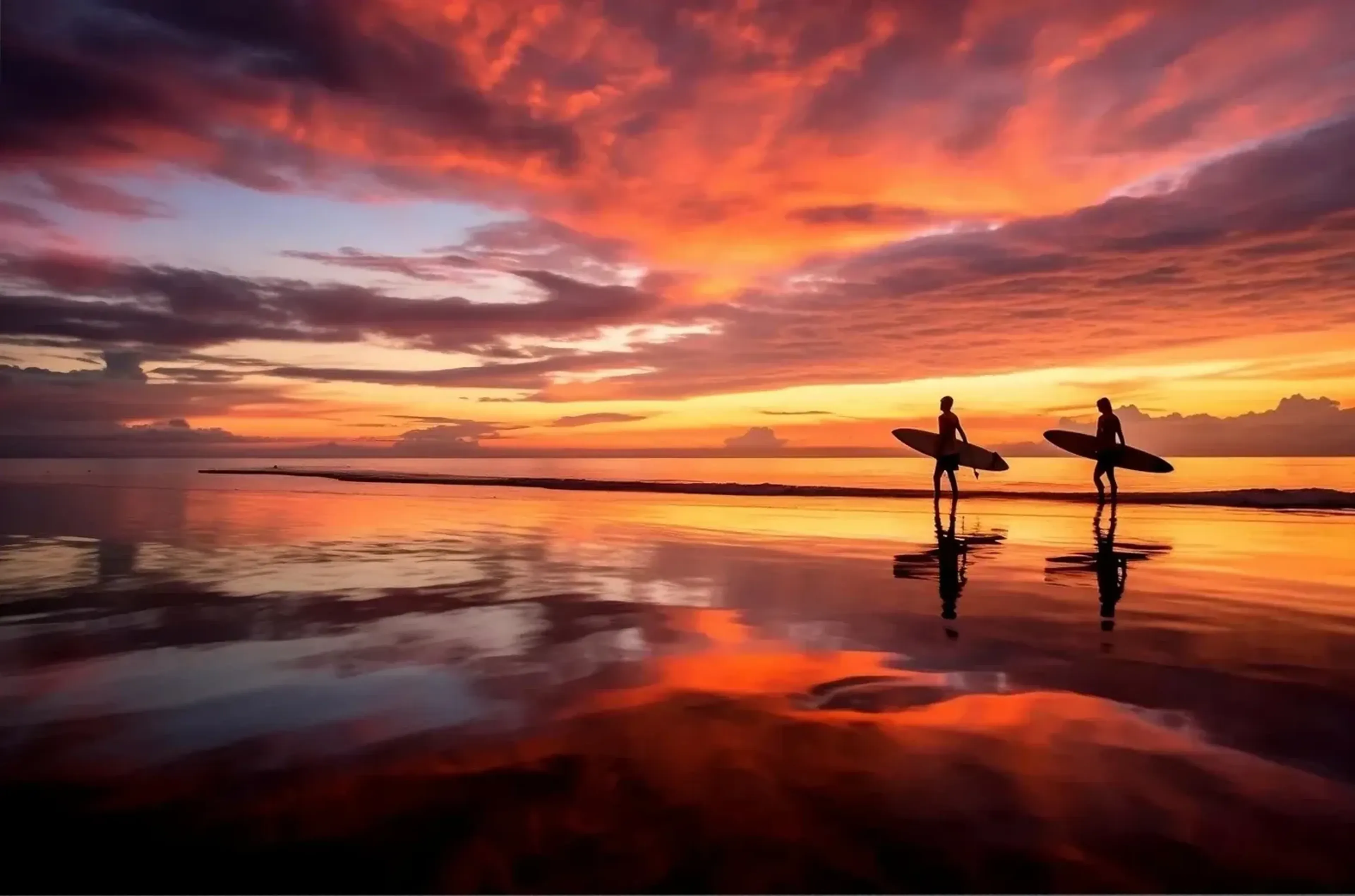 Zwei Surfer mit Brettern stehen am Meer, ihre Silhouetten spiegeln sich unter orange-violetten Wolken im Sand.