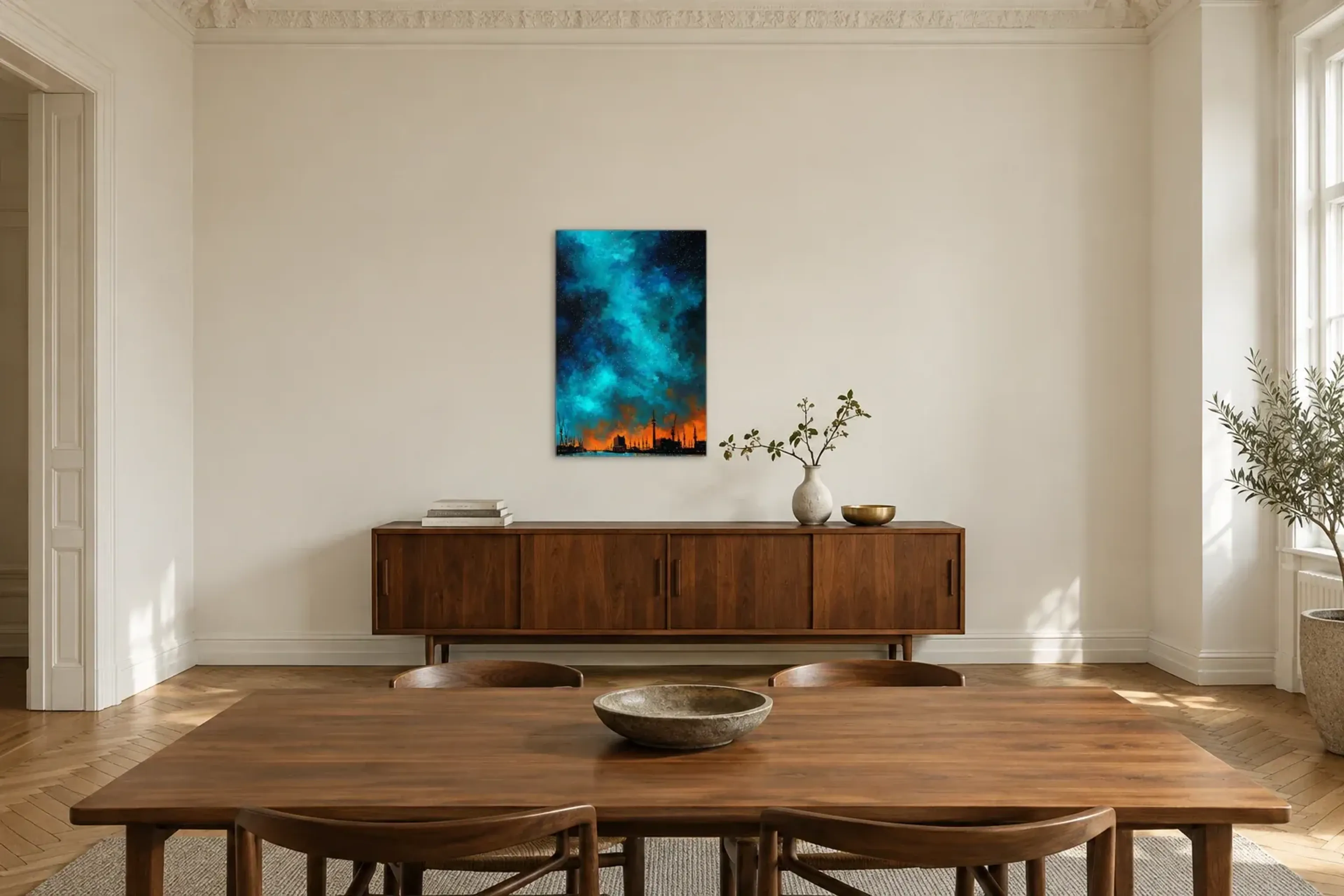 Hafen unter Türkishimmel als Wandbild über einem 200-cm-Sideboard