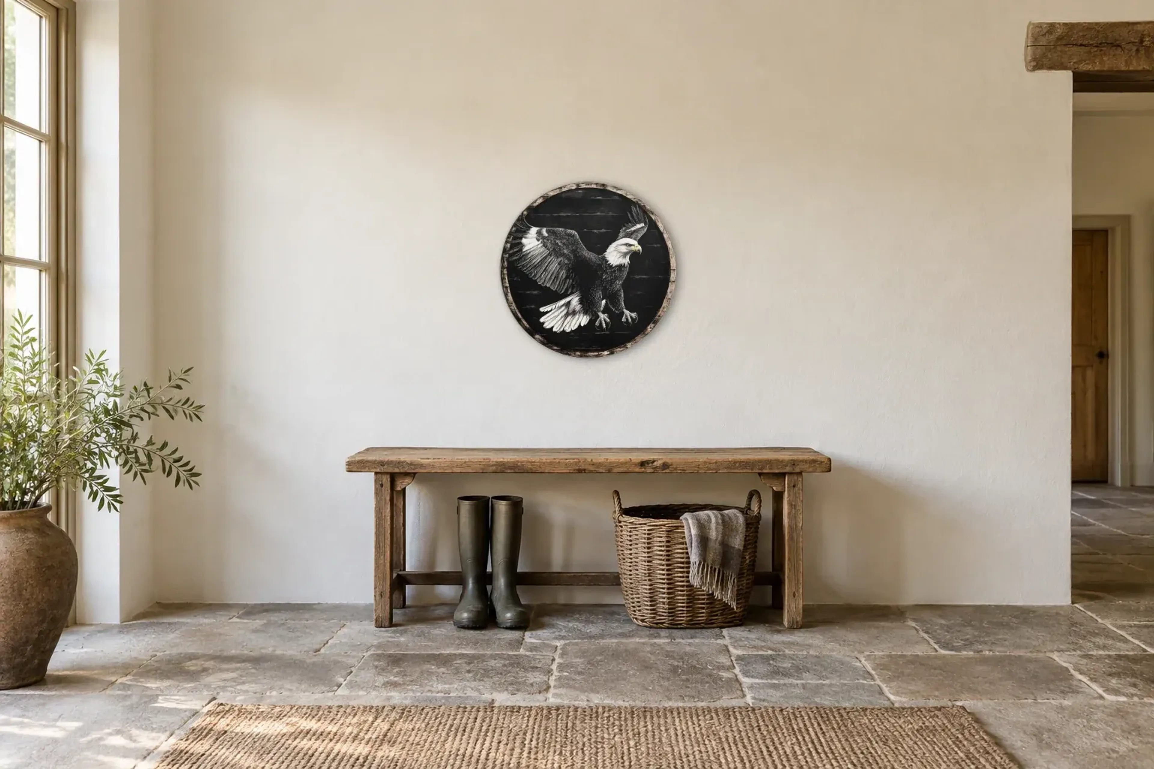 Adler im Anflug als Wandbild über einer 120-cm-Bank