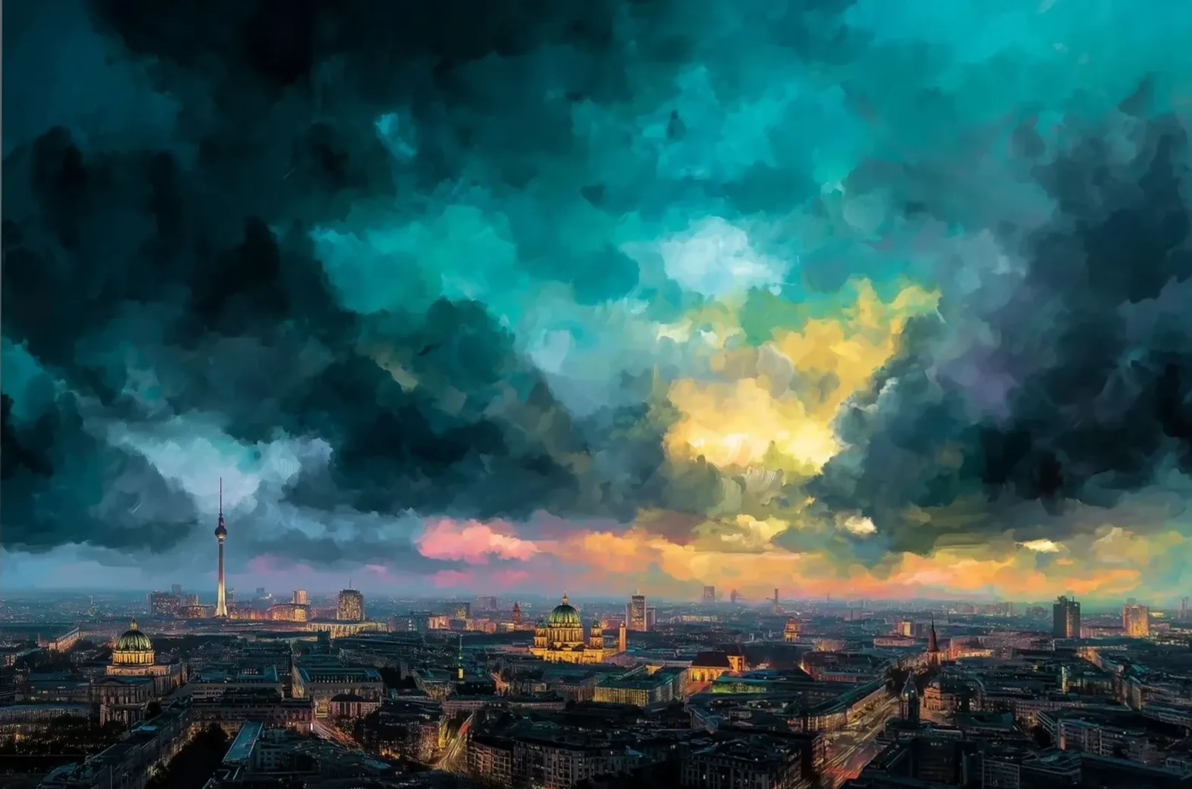 Abendlicht über Berlin – Motiv als Wandbild auf Holz
