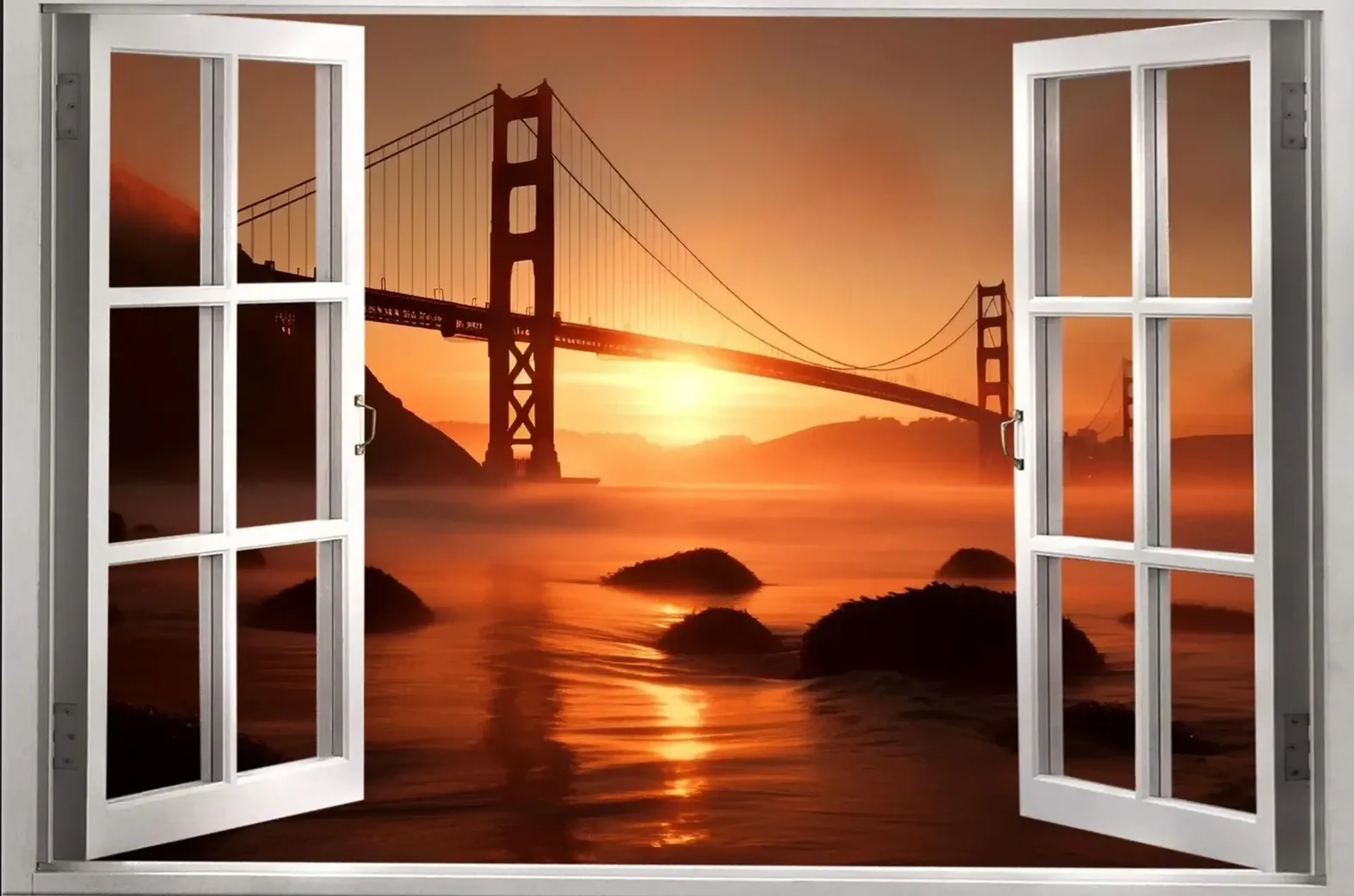 Die Golden Gate Bridge über Wasser und dunklen Felsen im orangefarbenen Sonnenlicht, gerahmt von weißen Fensterflügeln.