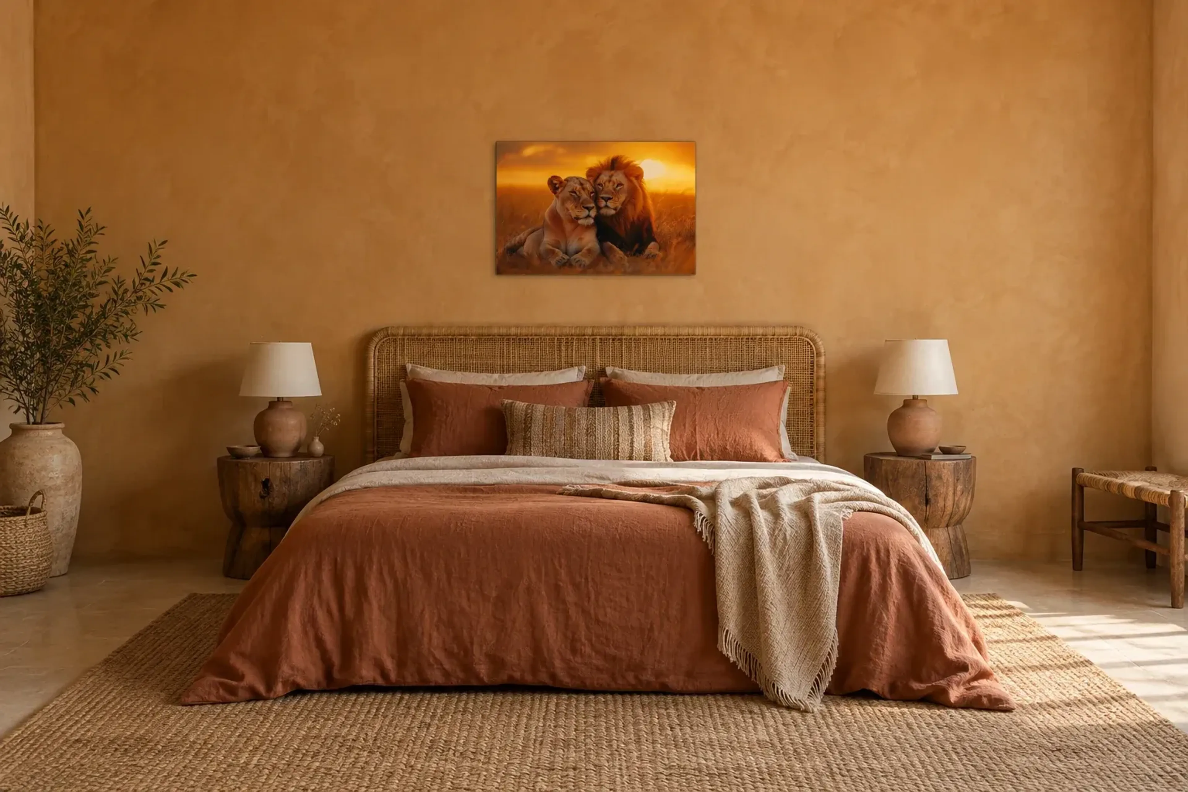 Löwen im Abendlicht als Wandbild über einem 180-cm-Bett
