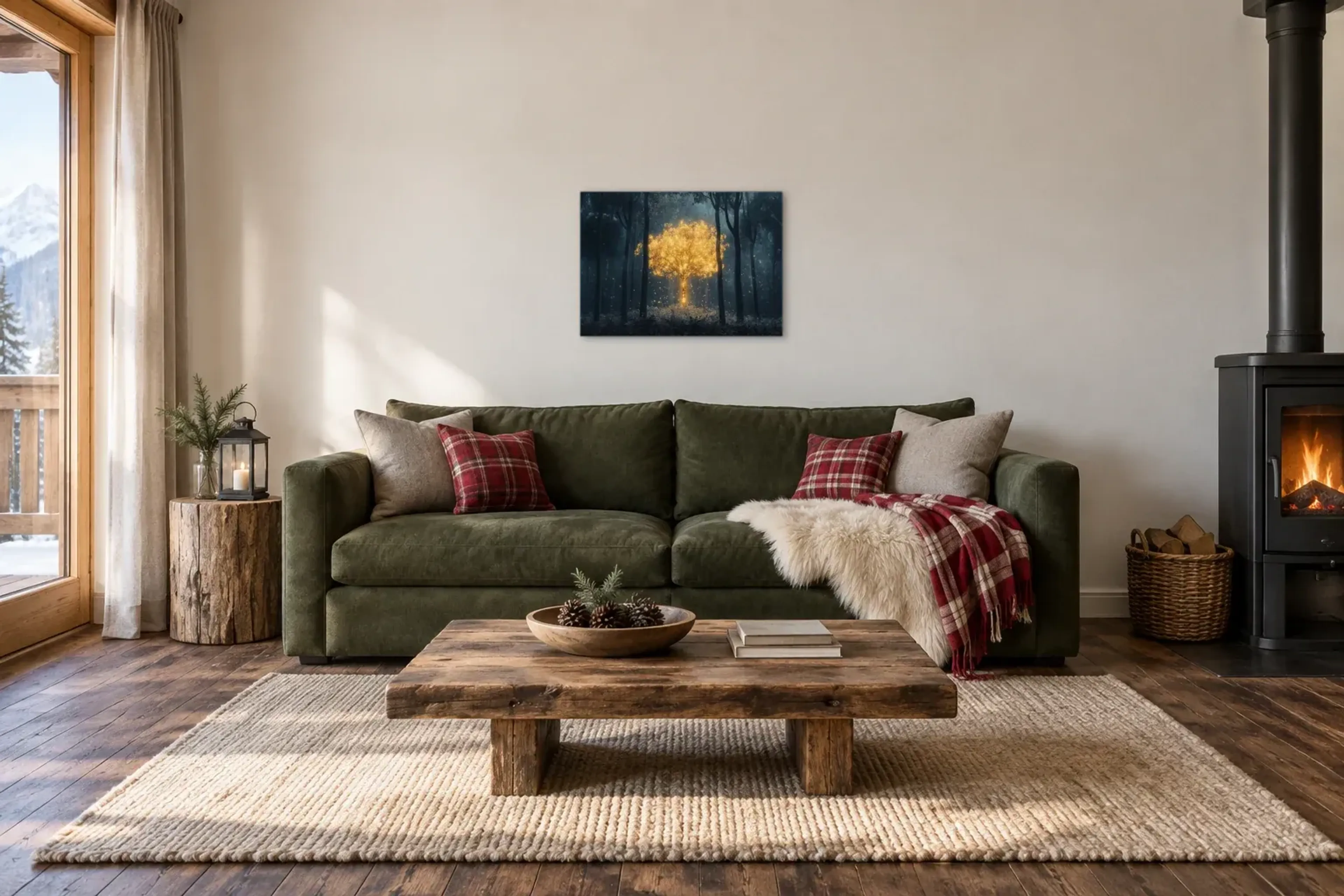 Goldener Baum im Wald als Wandbild über einem 220-cm-Sofa