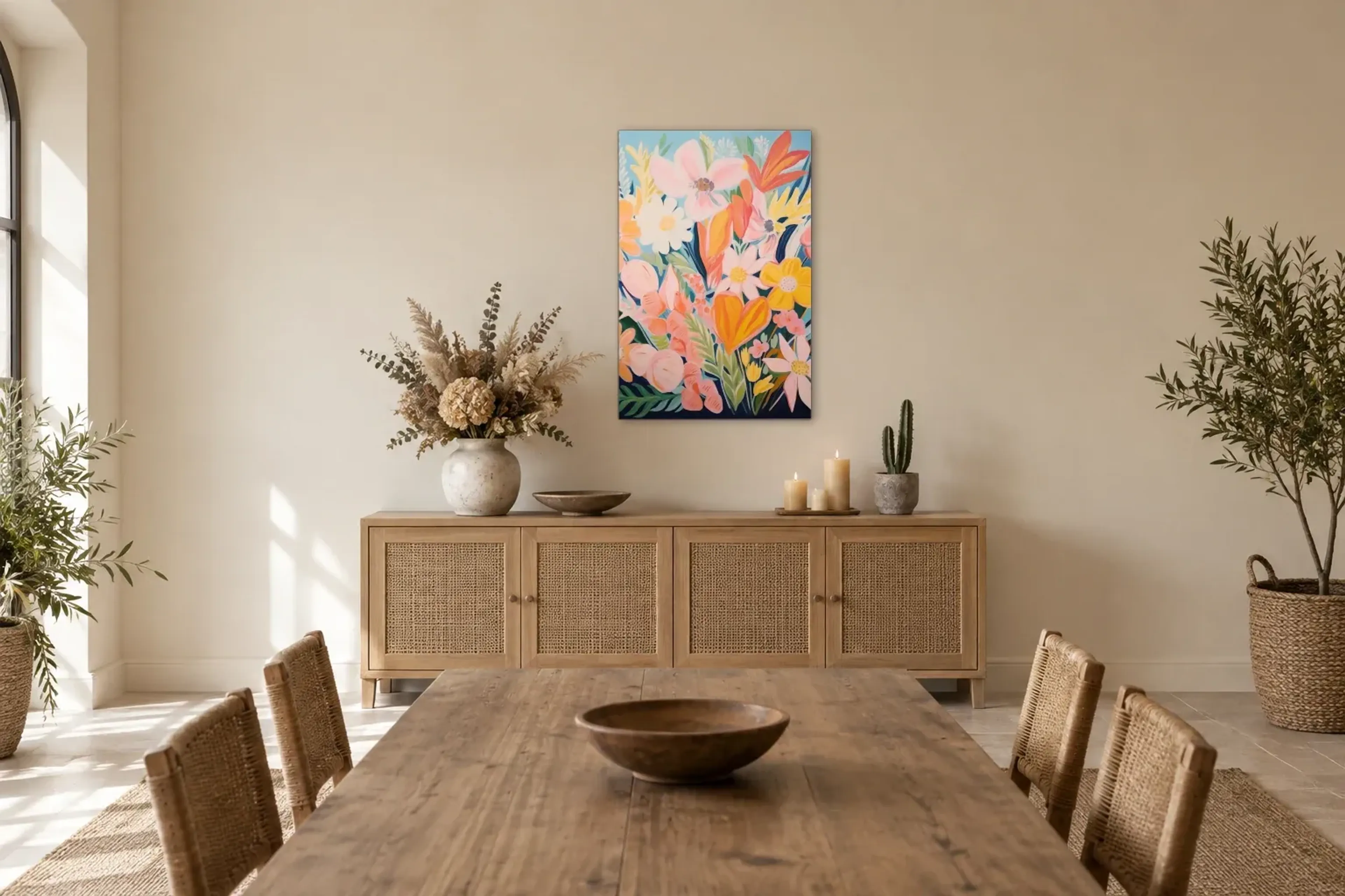 Blüten in Rosa und Gelb als Wandbild über einem 160-cm-Sideboard