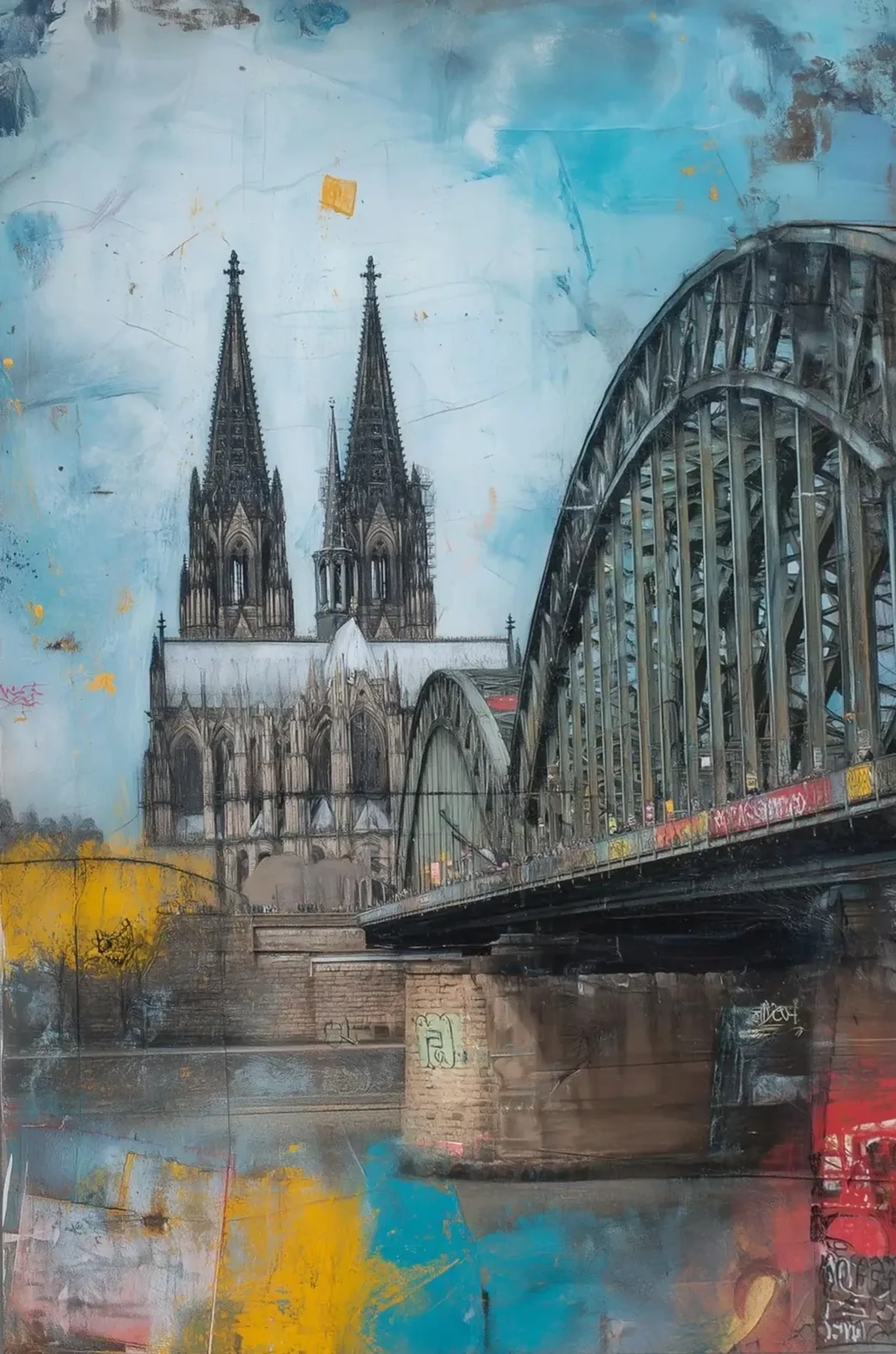 Kölner Dom hinter den Bögen der Hohenzollernbrücke, umgeben von hellblauen, gelben und roten Farbflächen.