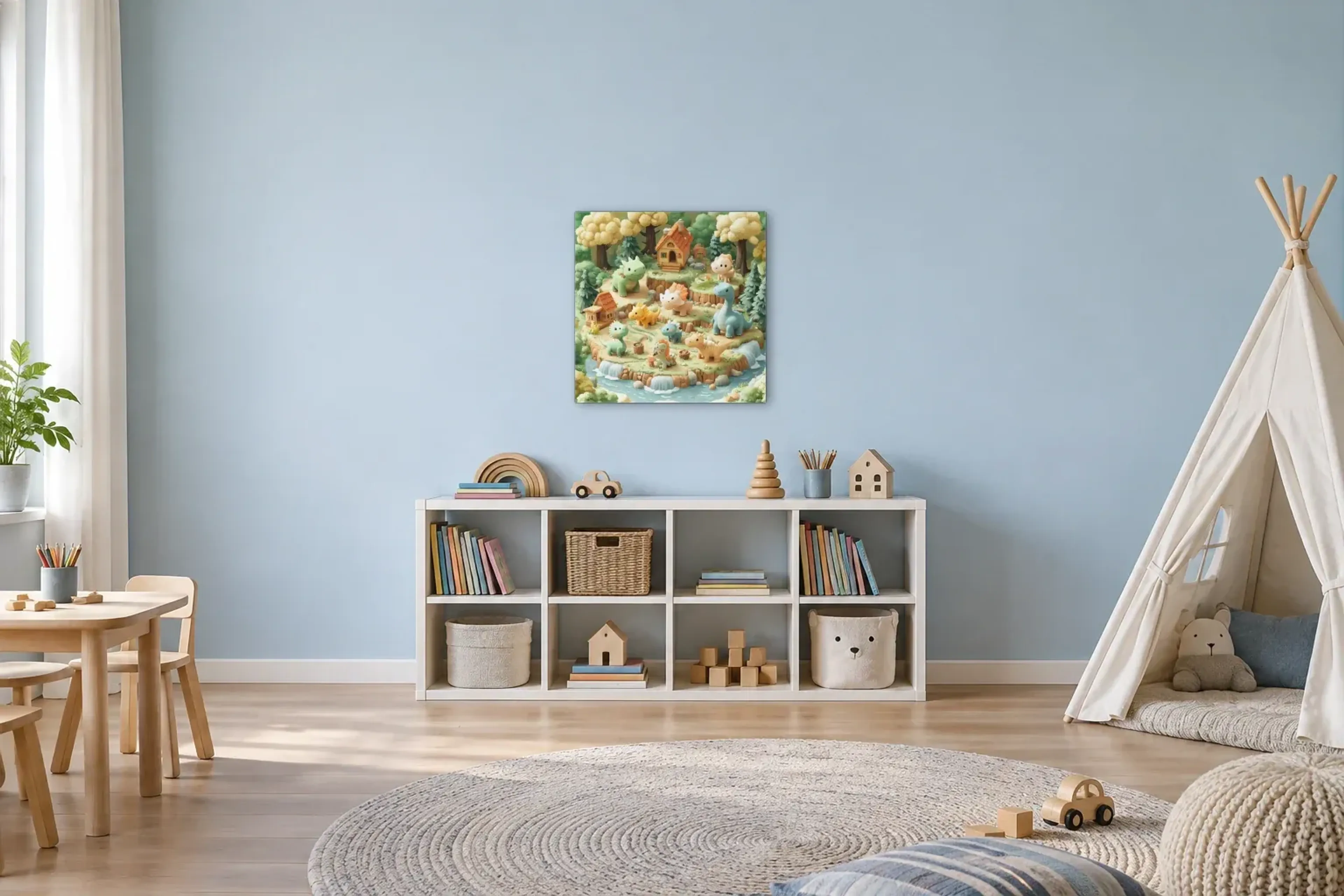 Das kleine Dinodorf als Wandbild über einem 120-cm-Spielregal