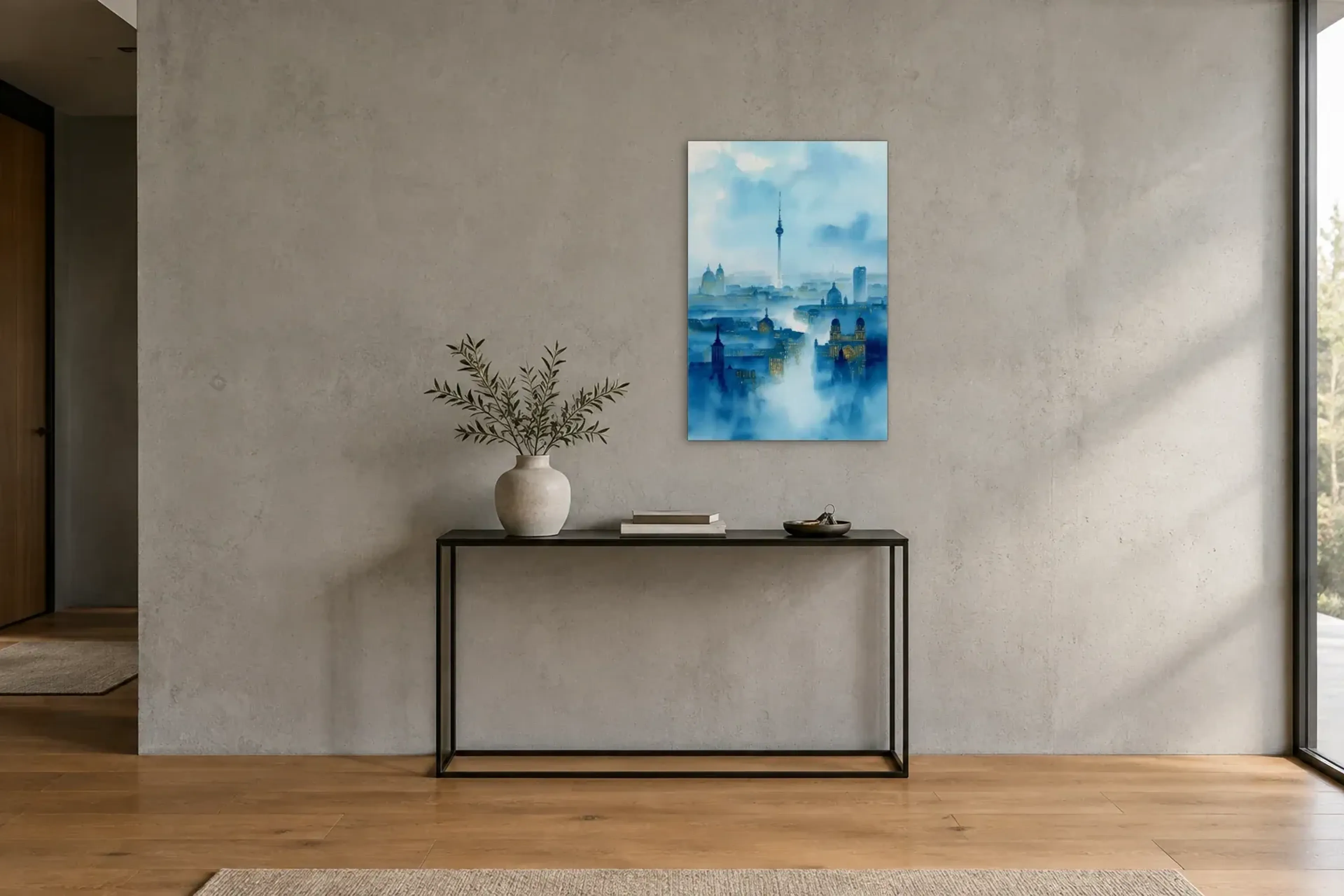Berlin im blauen Nebel als Wandbild über einer 120-cm-Konsole