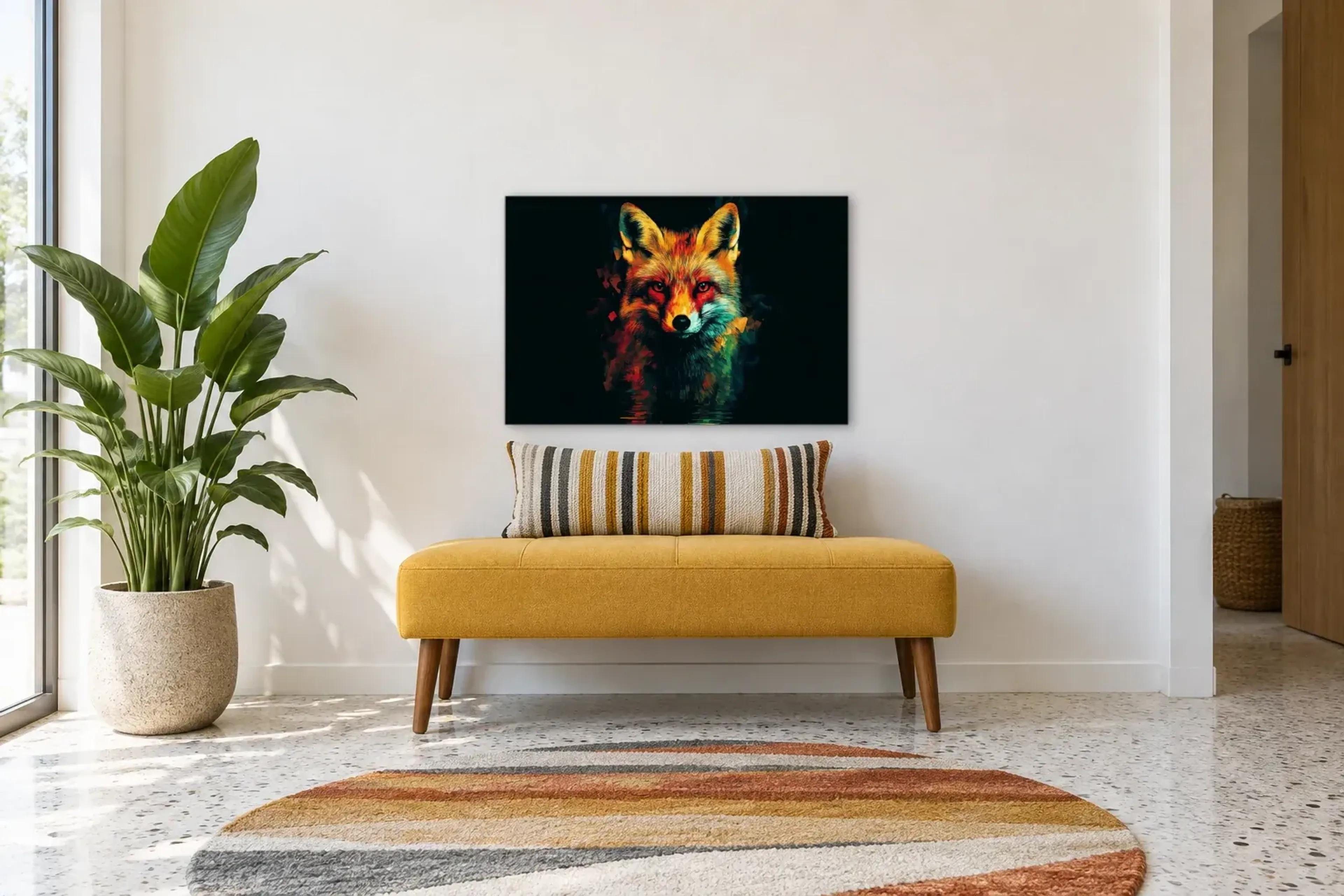 Fuchs im Dunkeln als Wandbild über einer 120-cm-Bank