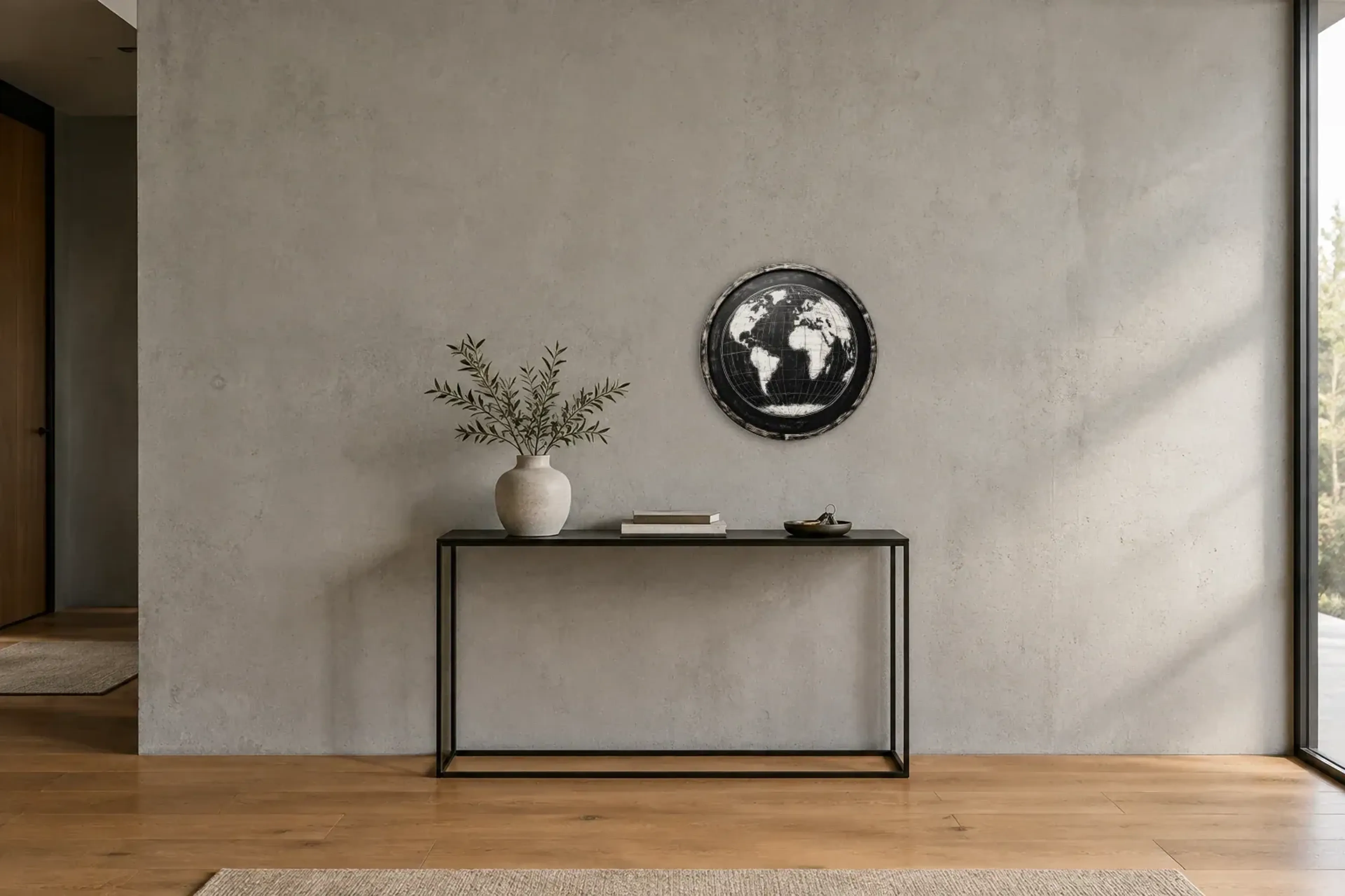 Globus als Wandbild über einer 120-cm-Konsole