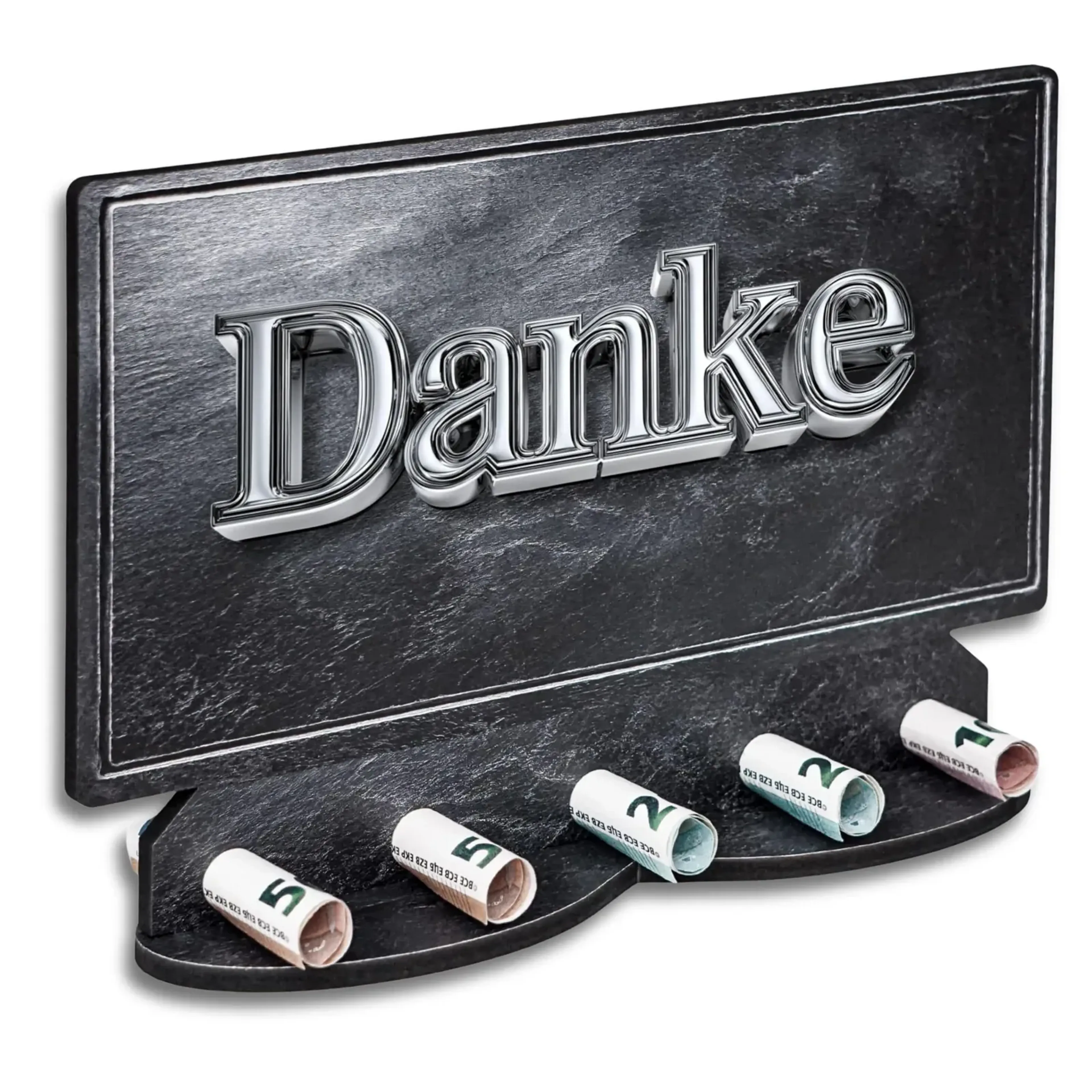 Silberfarbener Schriftzug „Danke“ auf einer gerahmten Fläche in dunkler Schieferoptik, davor gerollte Geldscheine.