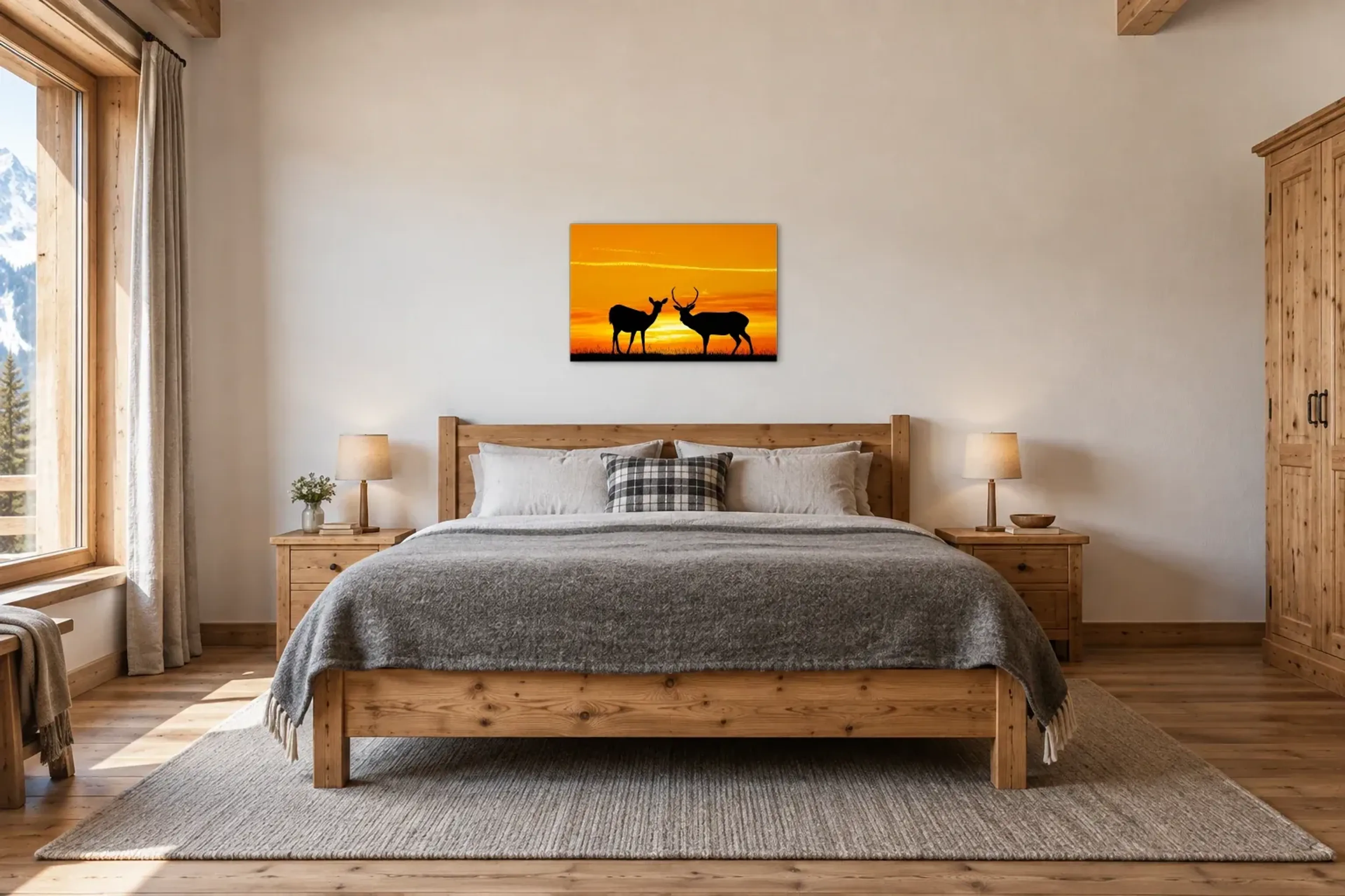 Hirschpaar im Sonnenuntergang als Wandbild über einem 180-cm-Bett