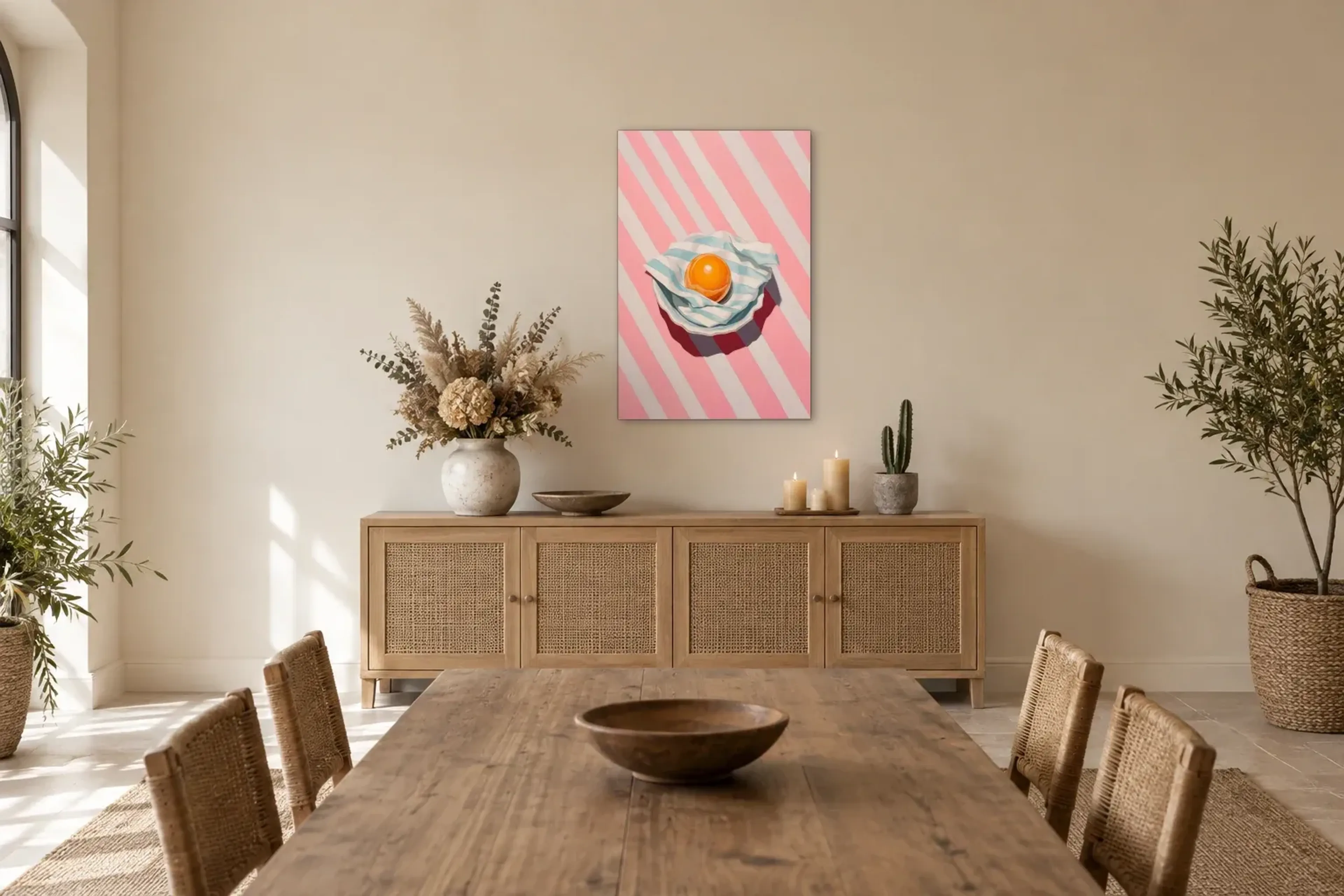 Eigelb auf Streifen als Wandbild über einem 160-cm-Sideboard