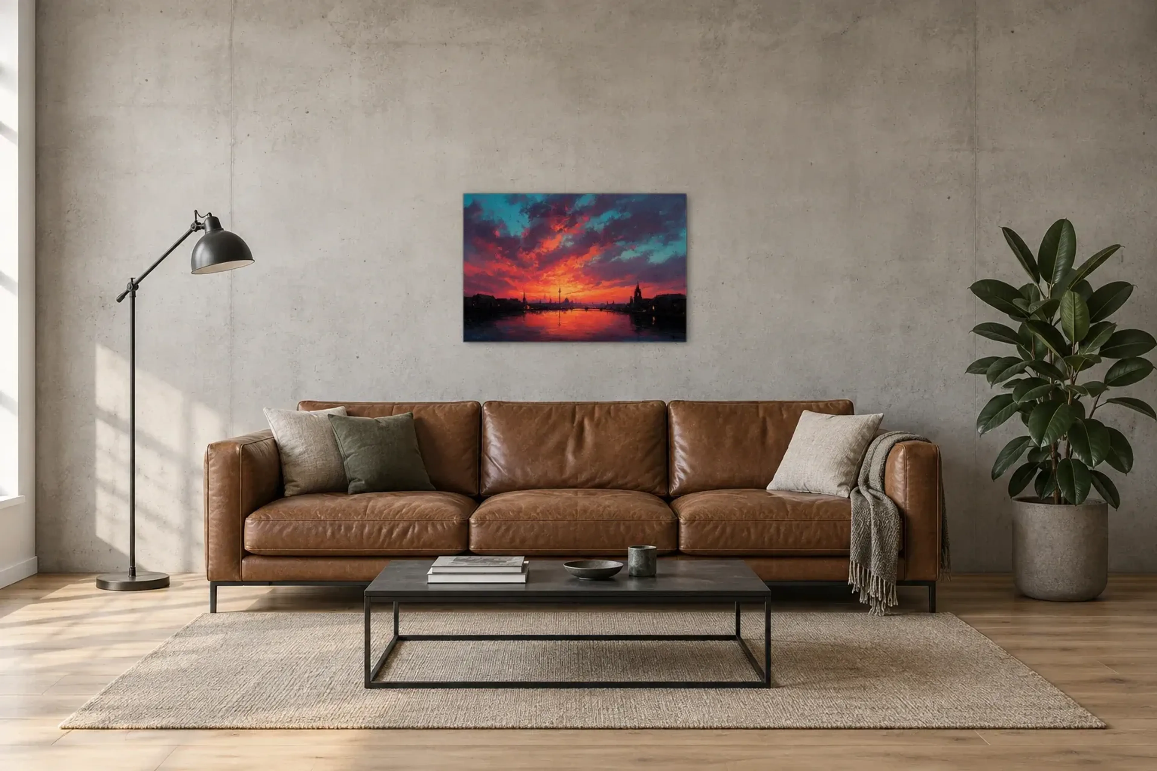 Berlin im Abendrot als Wandbild über einem 220-cm-Sofa