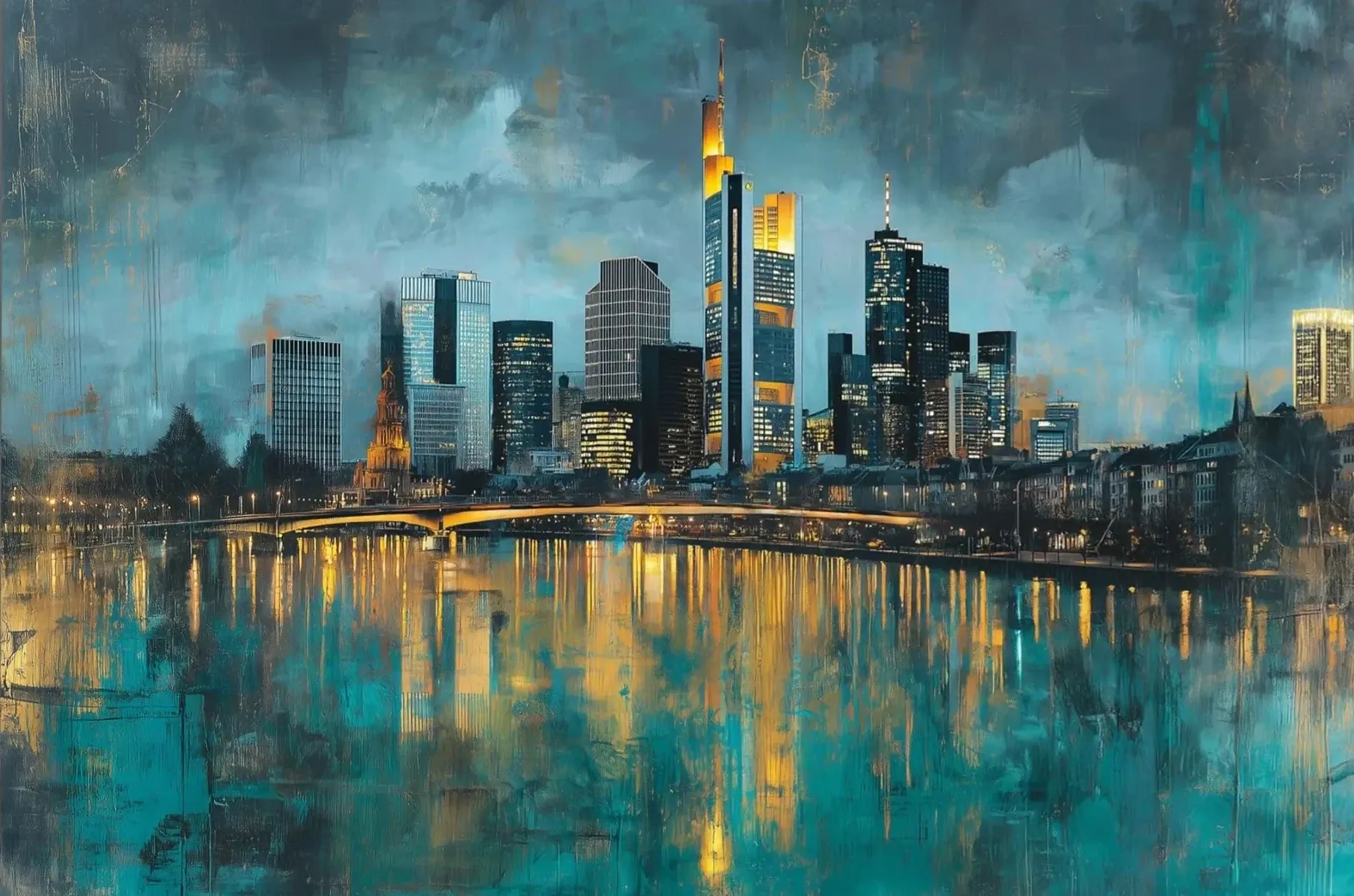 Frankfurt in Petrol und Gold – Motiv als Wandbild auf Holz