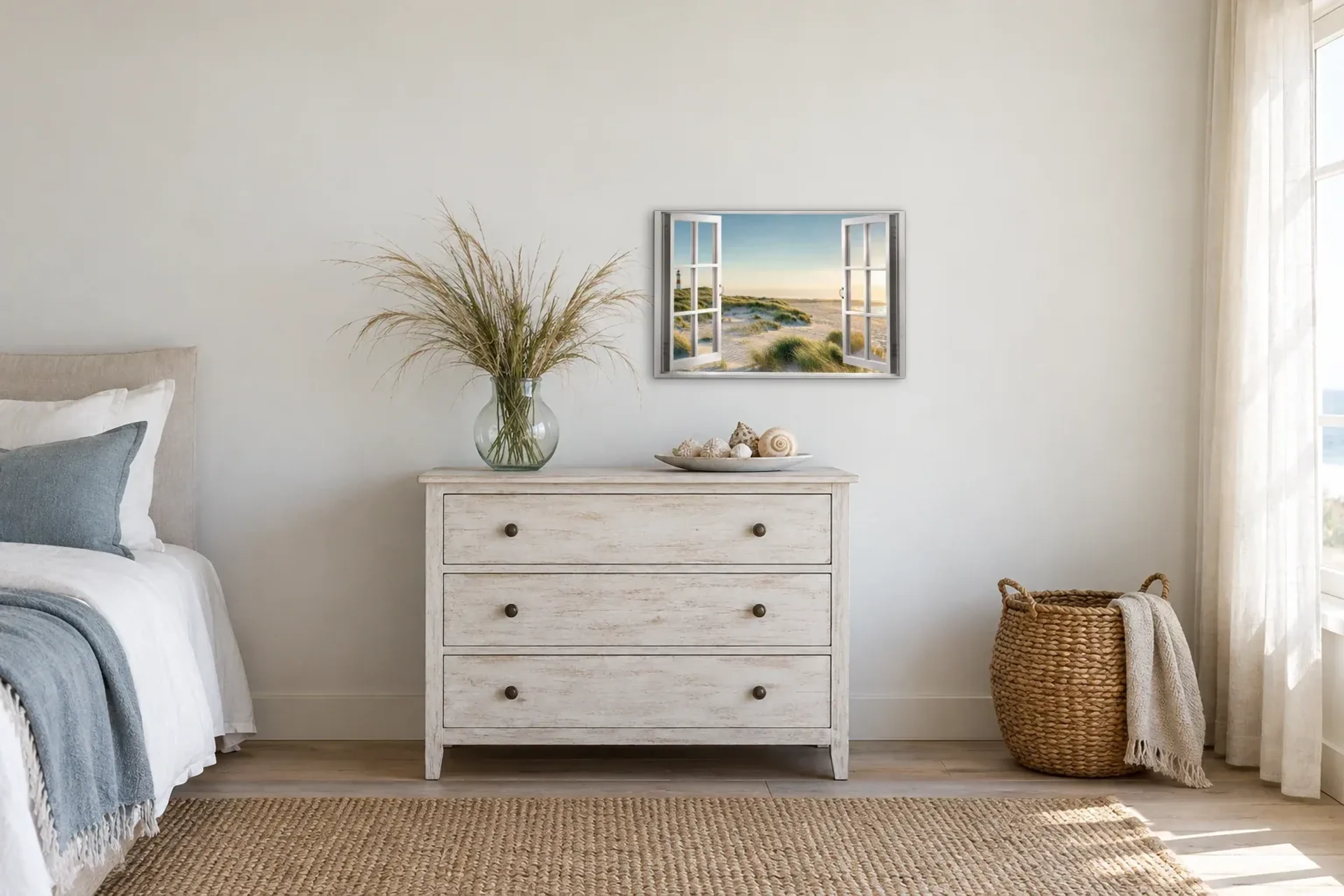 Dünen im Küstenlicht als Wandbild über einer 90-cm-Kommode