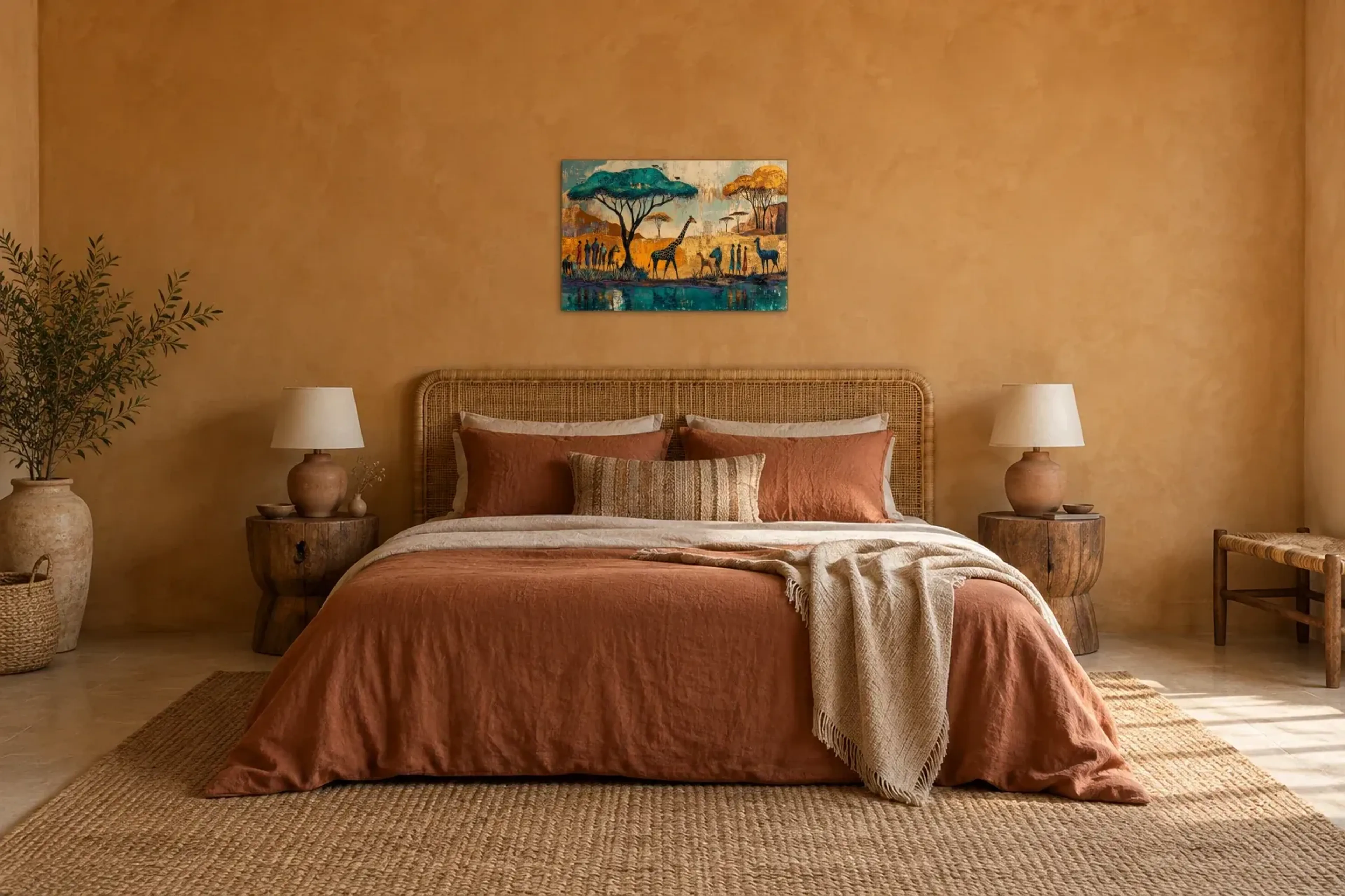Savanne in Türkis als Wandbild über einem 180-cm-Bett