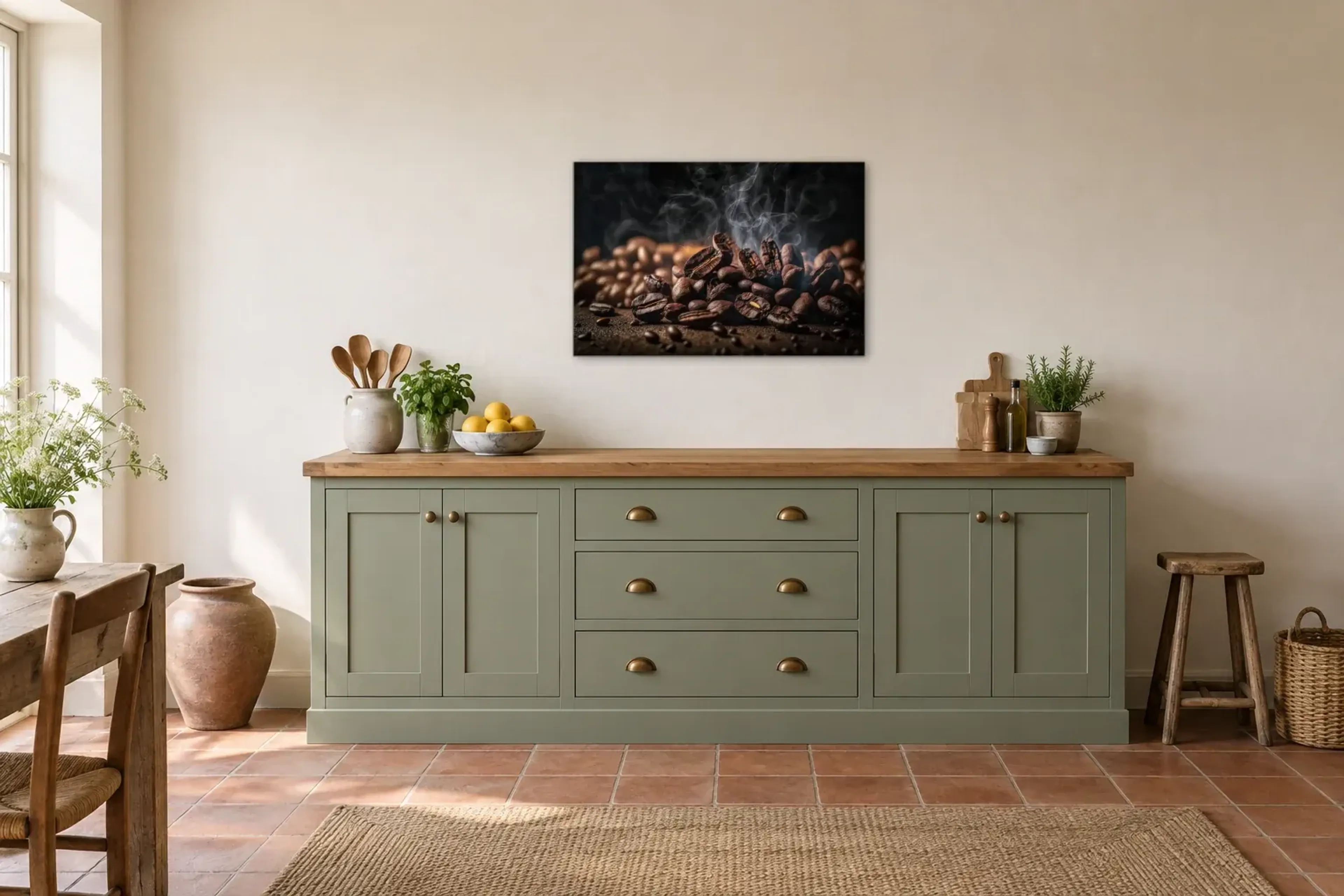 Kaffeebohnen im Dunst als Wandbild über einer 200-cm-Arbeitsplatte