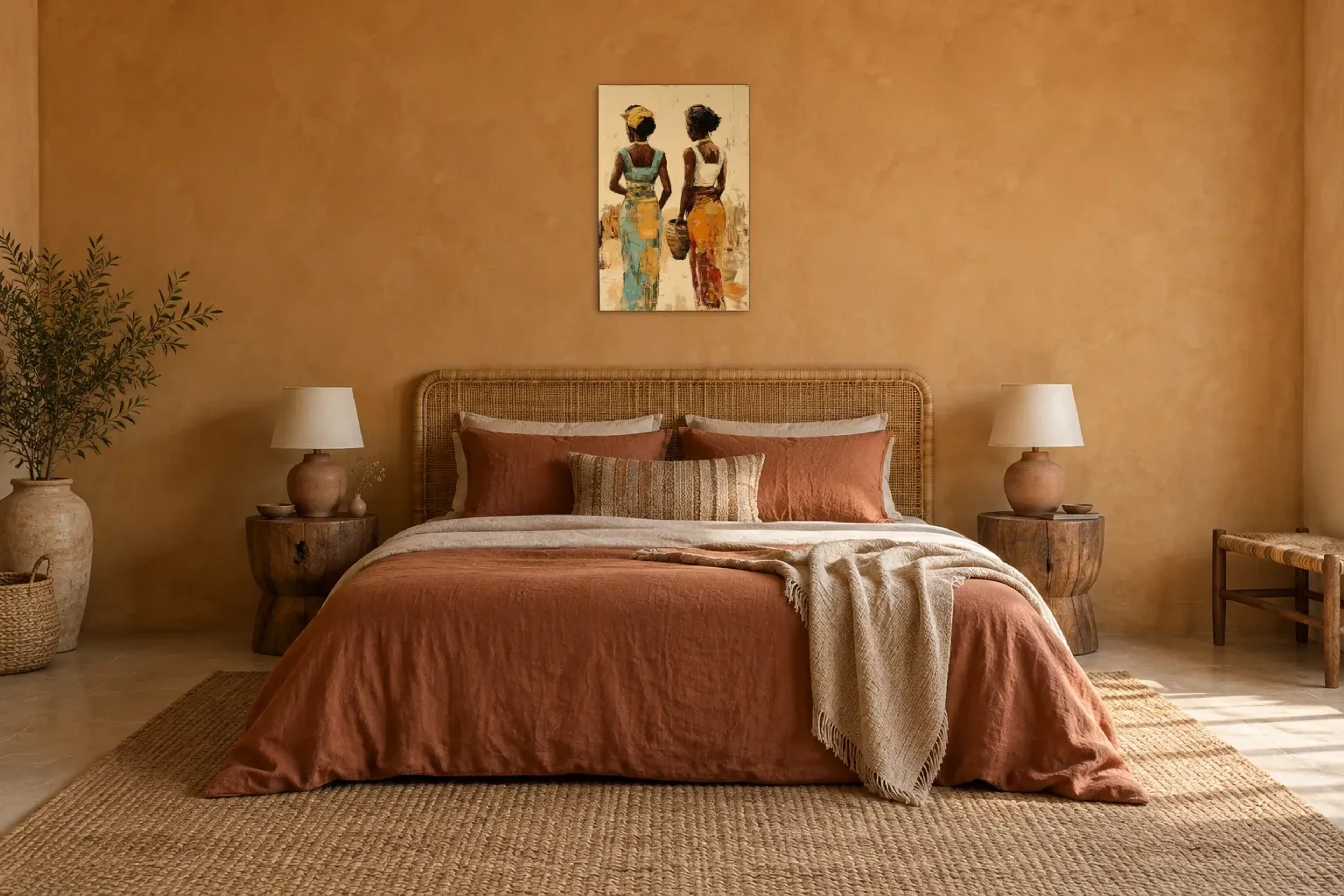 Zwei Frauen in Rückenansicht als Wandbild über einem 180-cm-Bett