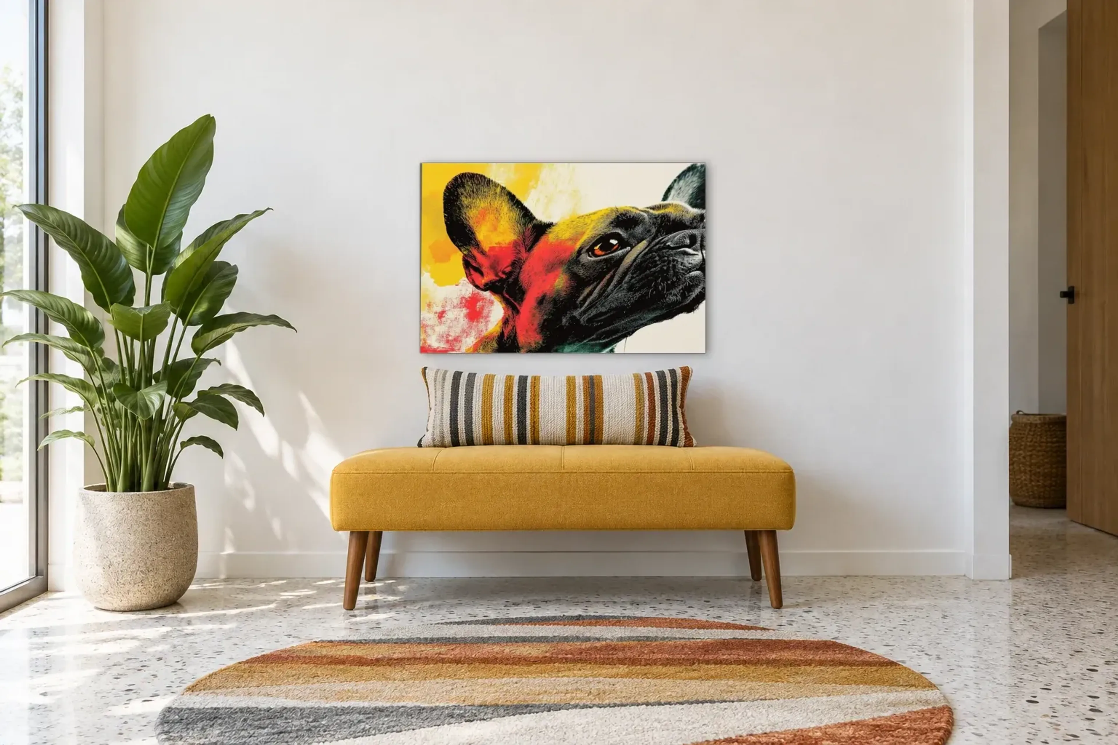 Bulldogge im Nahblick als Wandbild über einer 120-cm-Bank