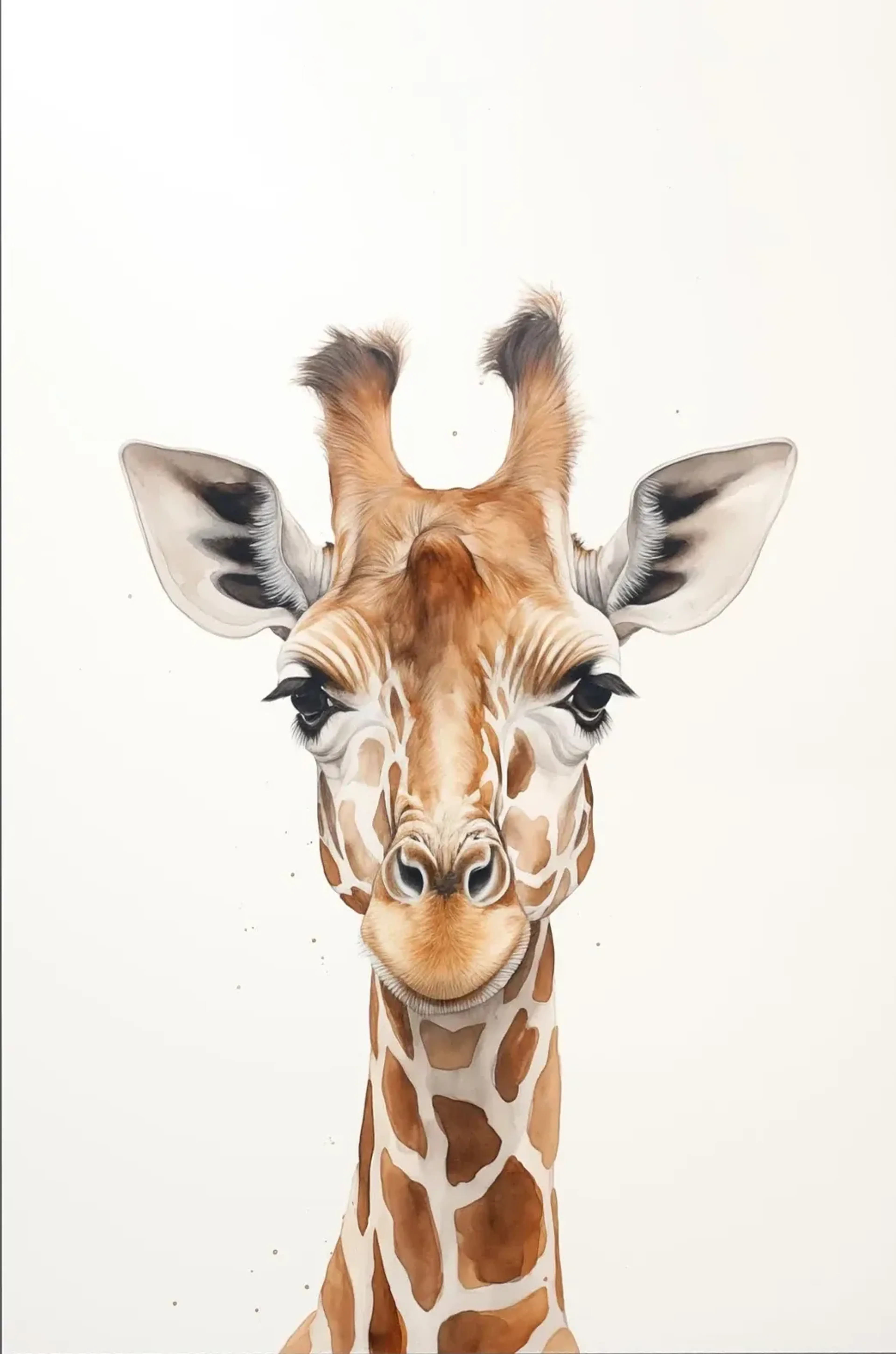 Frontaler Giraffenkopf mit großen Ohren, behaarten Hörnern und langem, braun geflecktem Hals auf hellem Grund.