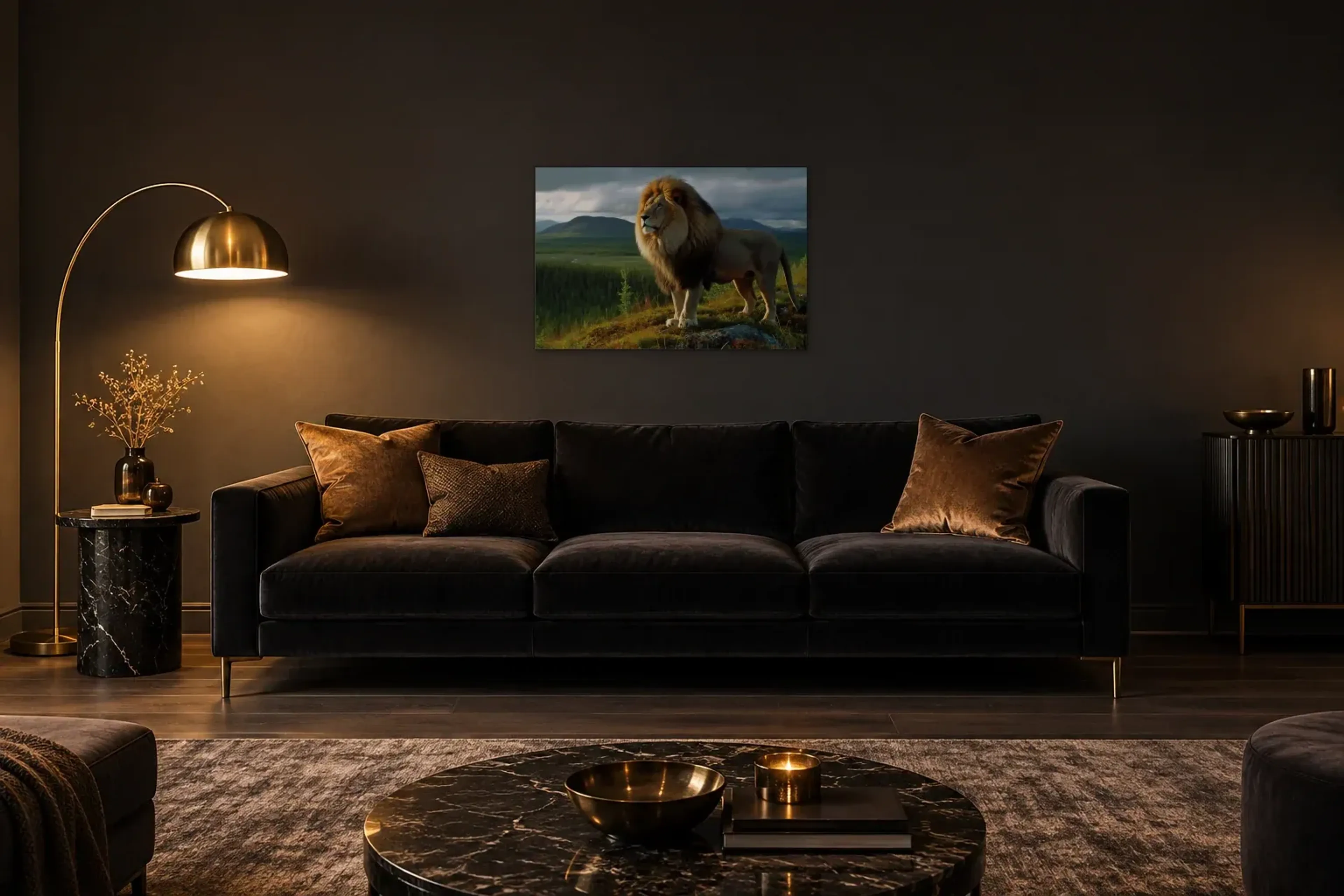 Löwe über dem Tal als Wandbild über einem 220-cm-Sofa