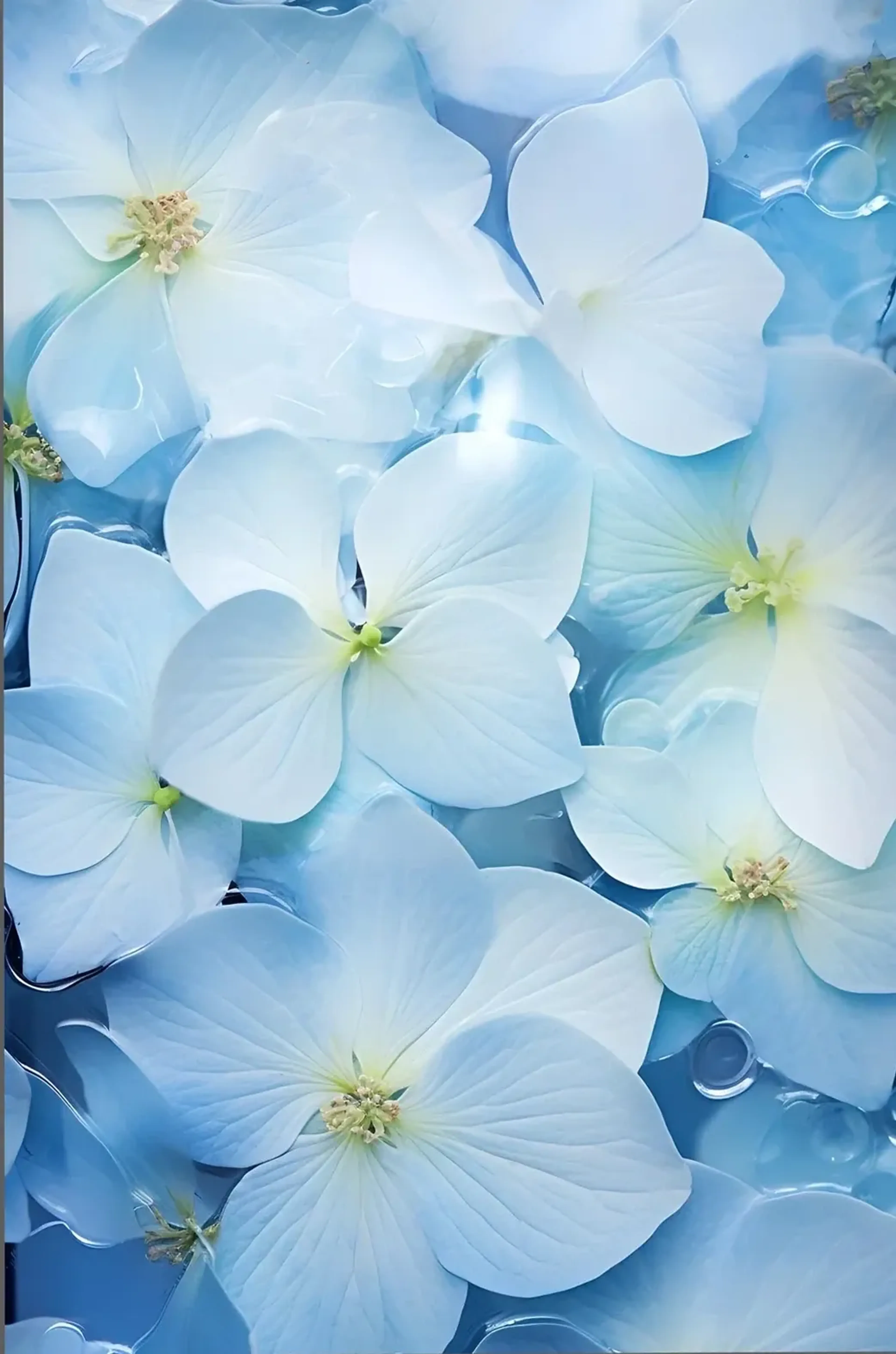 Hellblaue Blüten mit feinen Blattadern und blassgrünen Mitten bedecken eine blaue Wasseroberfläche.