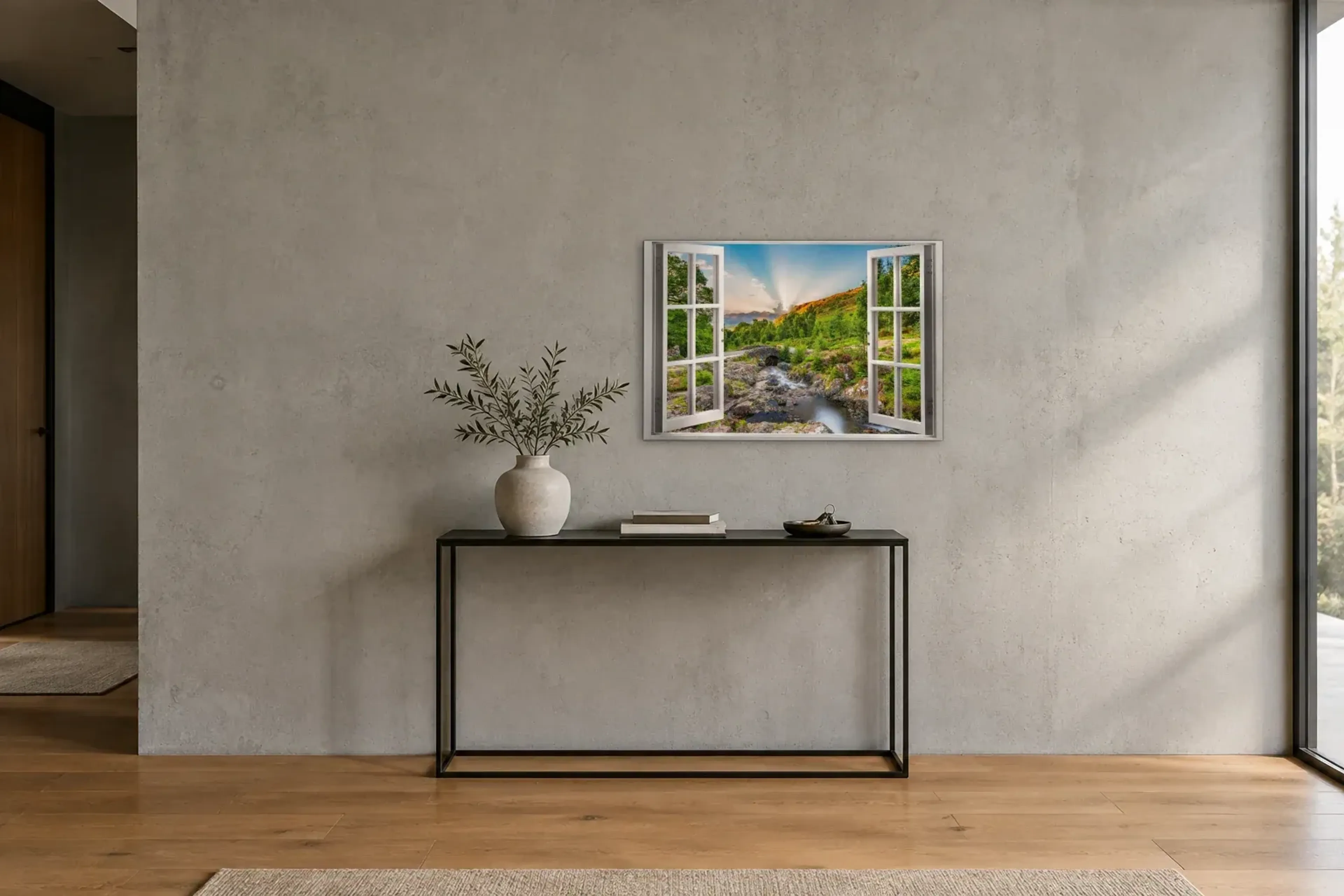 Steinbrücke am Bach als Wandbild über einer 120-cm-Konsole