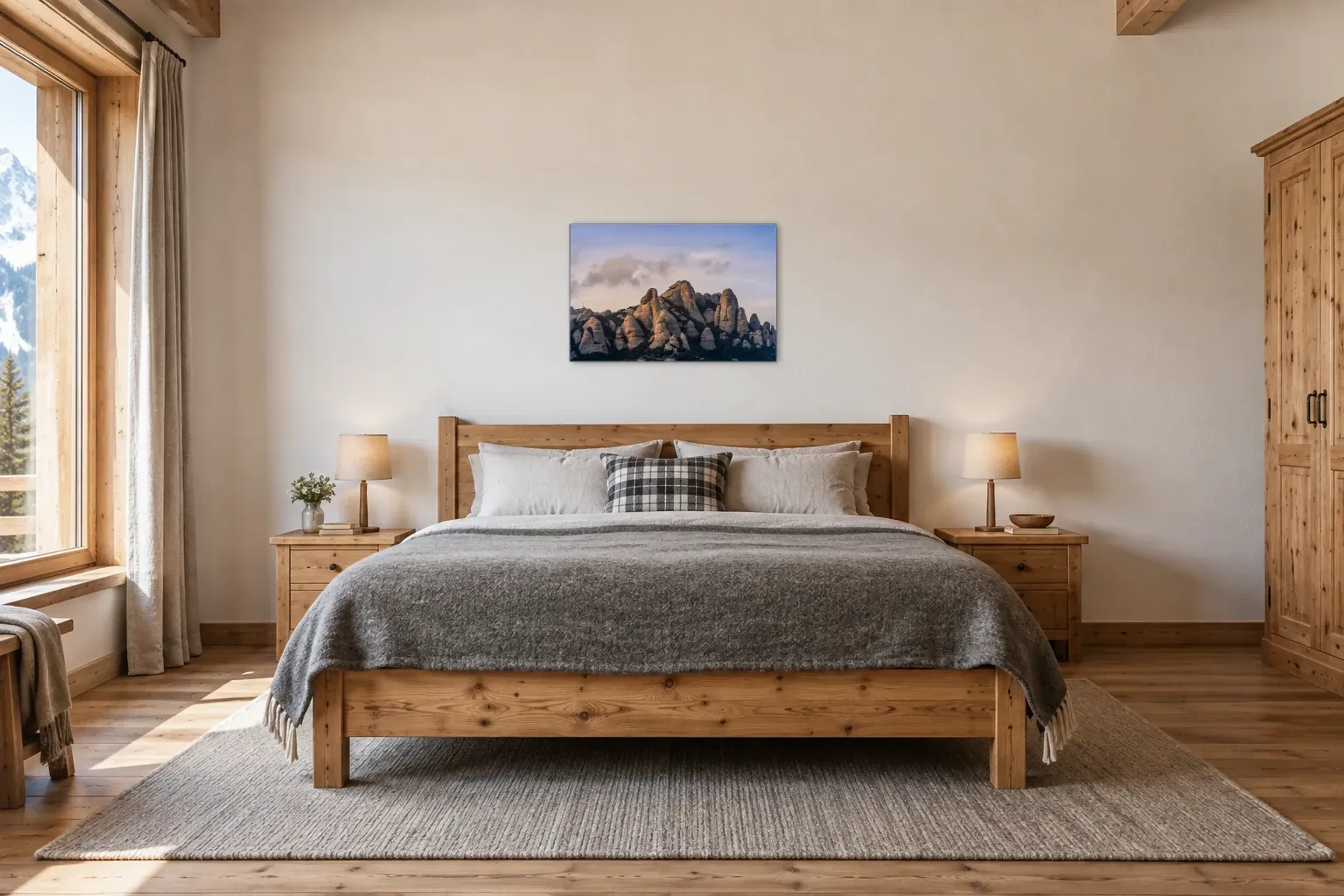 Felsen im warmen Licht als Wandbild über einem 180-cm-Bett