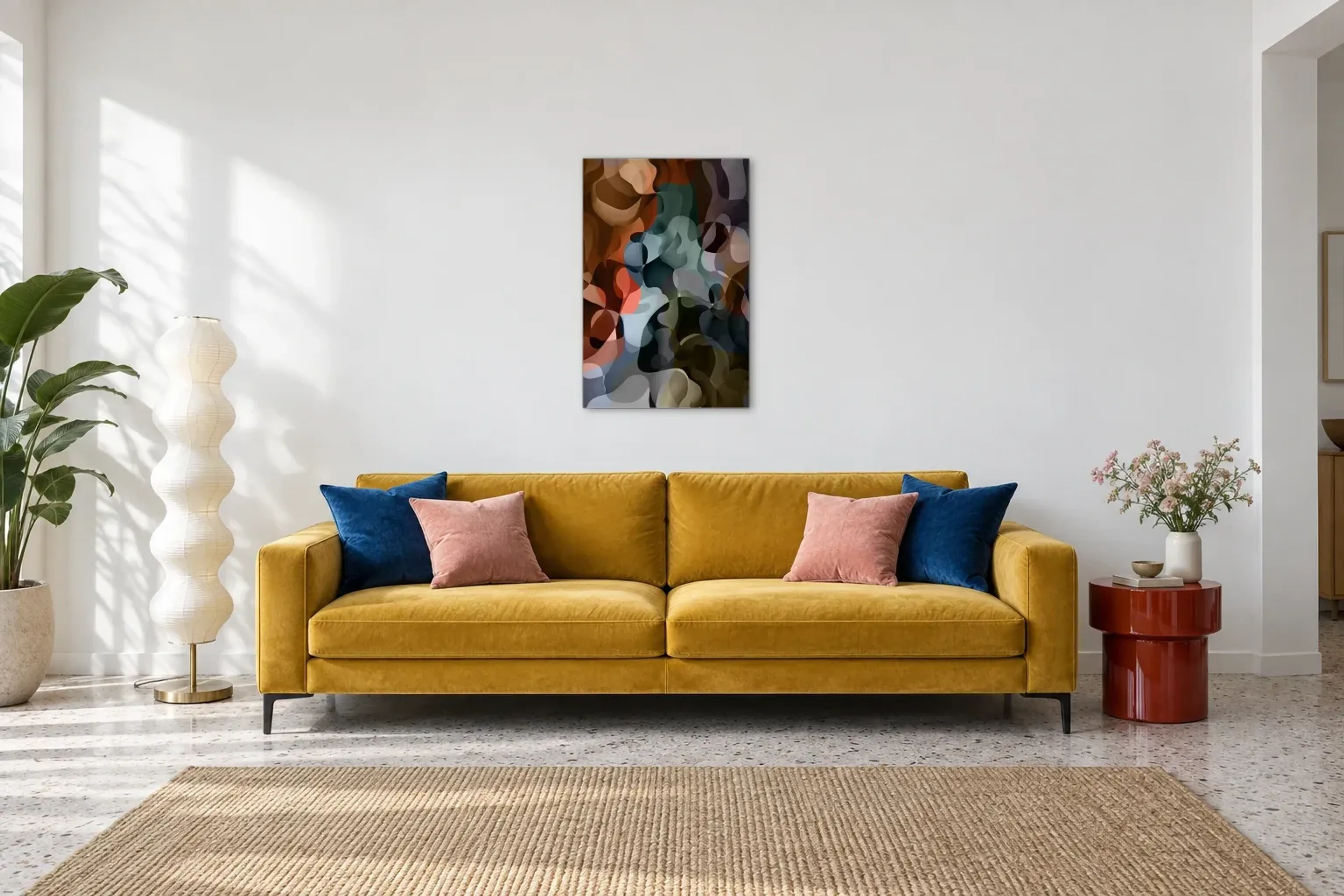 Fließende Farbformen als Wandbild über einem 220-cm-Sofa